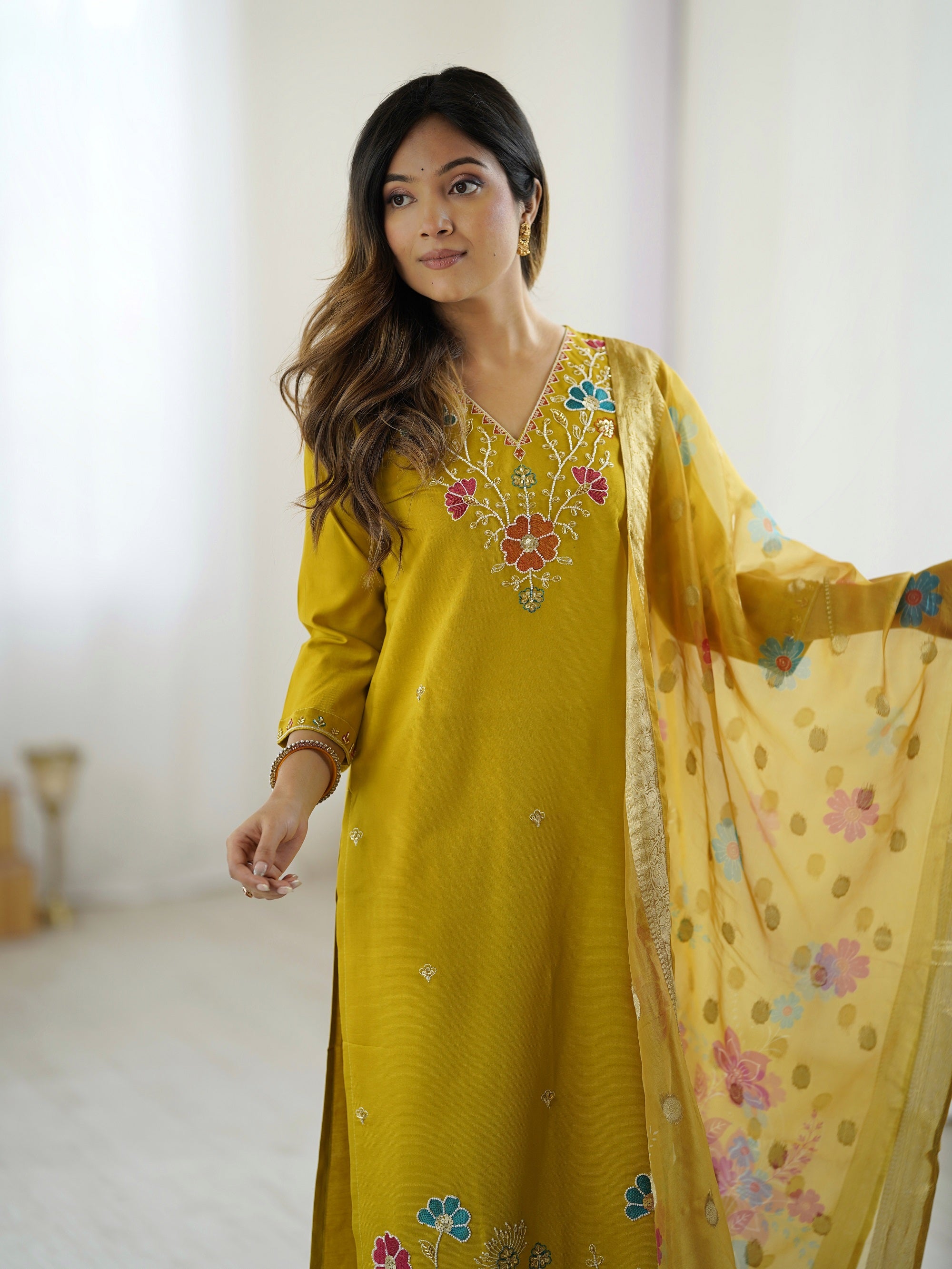 Yellow Embroidered Beads Work Kurta Suit Set