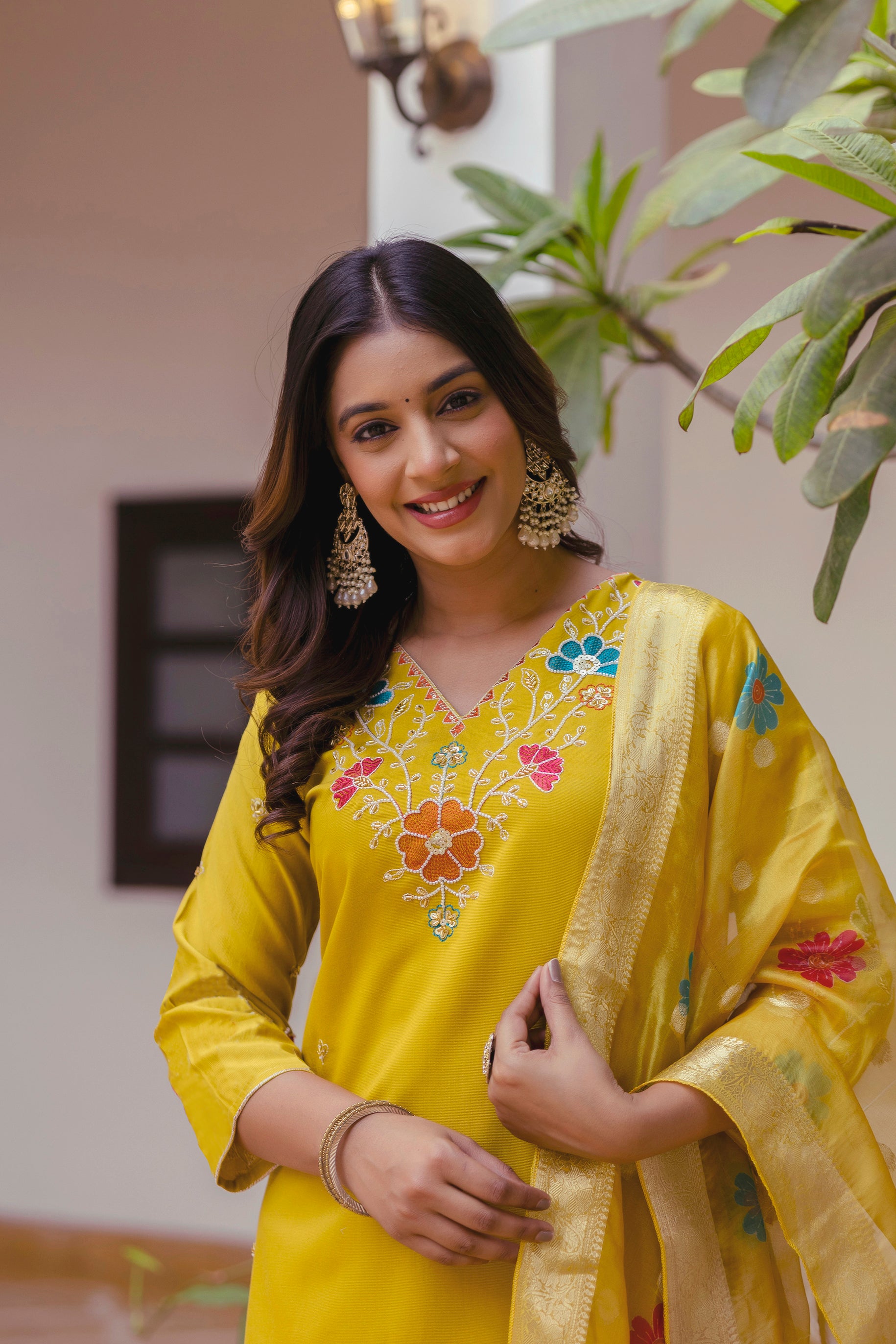 Yellow Viscose Gadhwal Embroidered Kurta Set