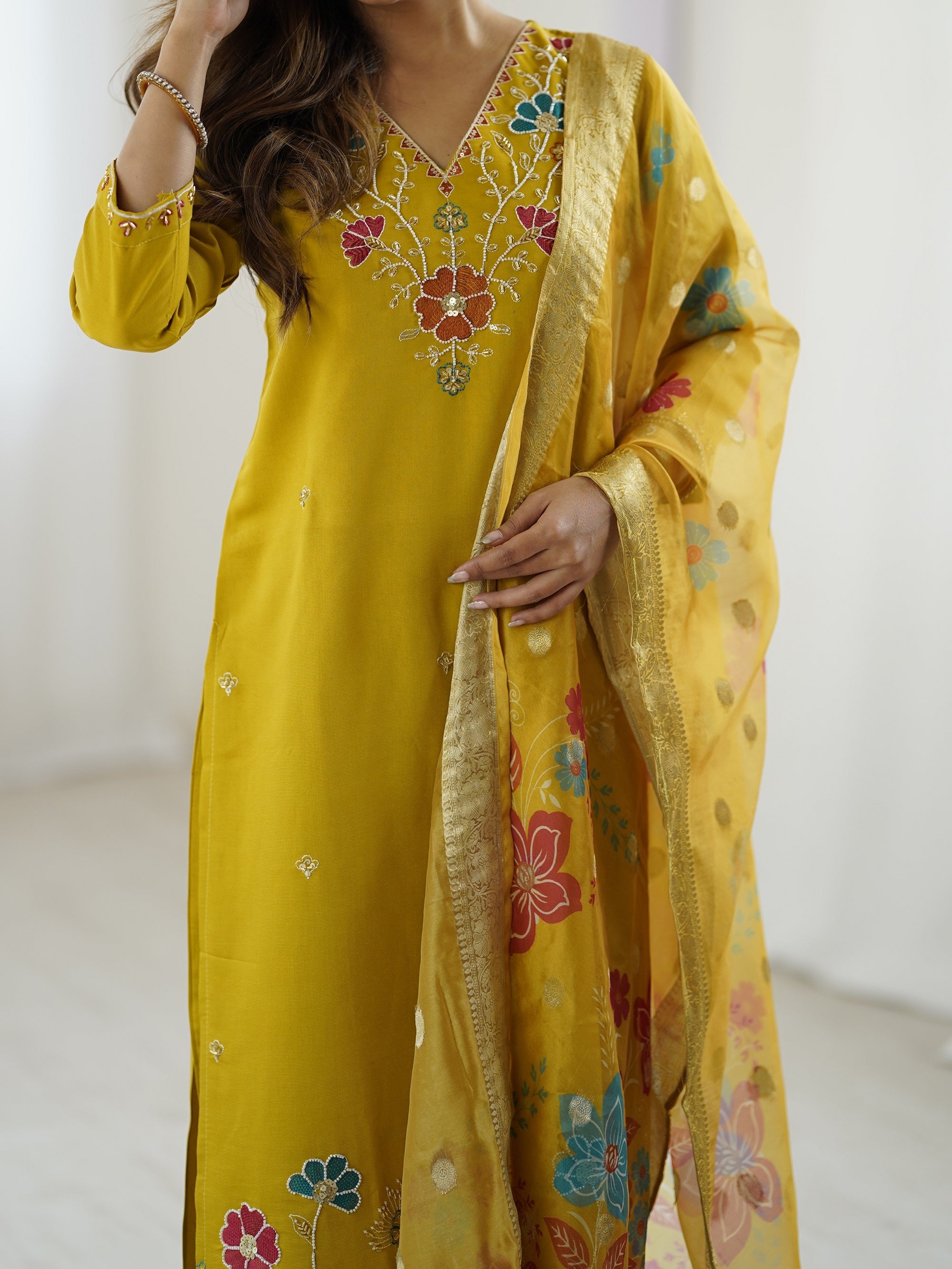 Yellow Embroidered Beads Work Kurta Suit Set