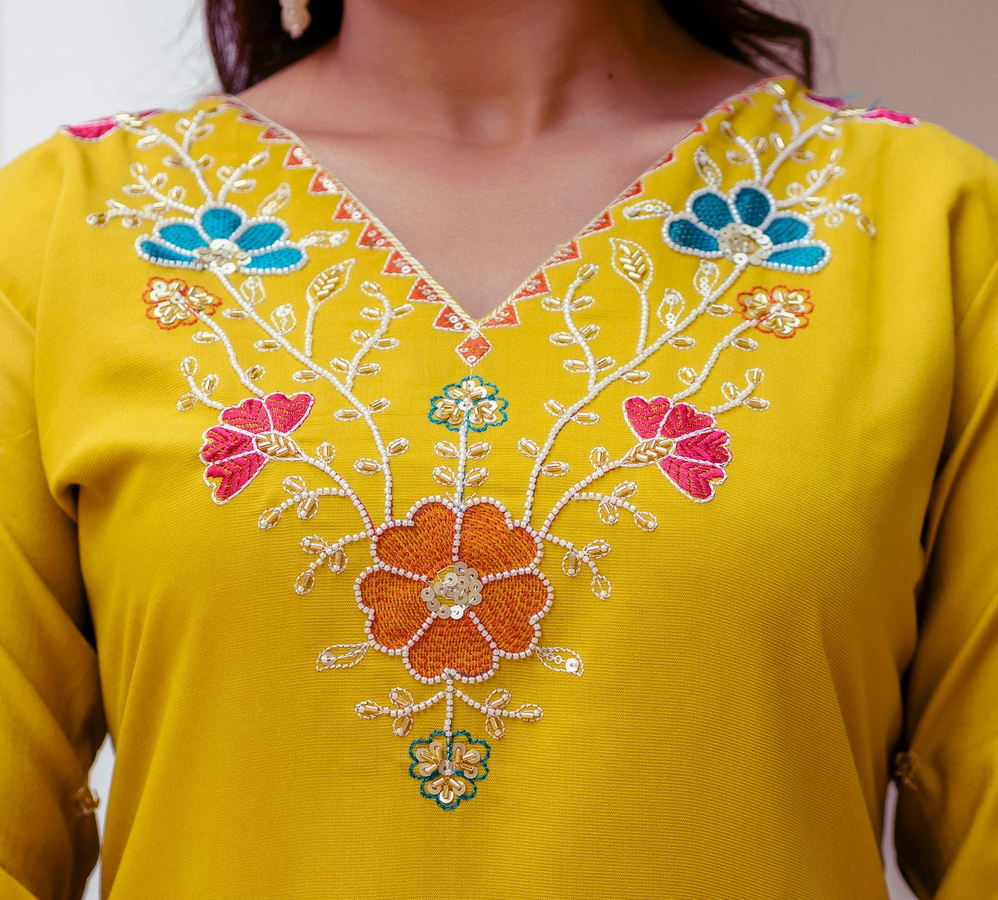 Yellow Viscose Gadhwal Embroidered Kurta Set