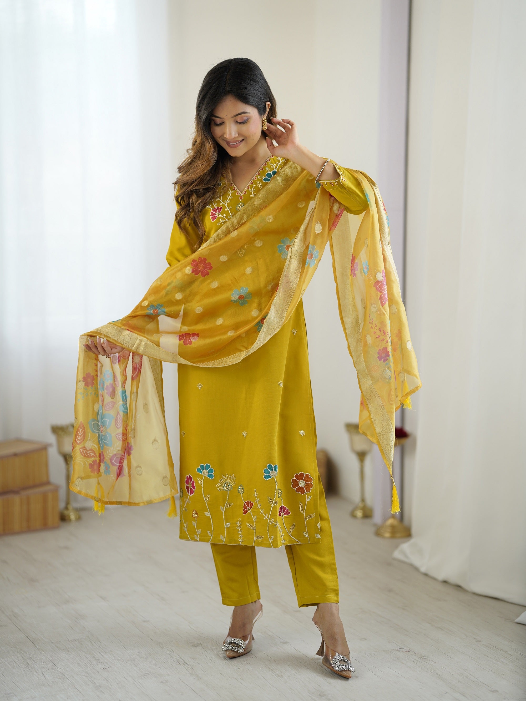 Yellow Embroidered Beads Work Kurta Suit Set