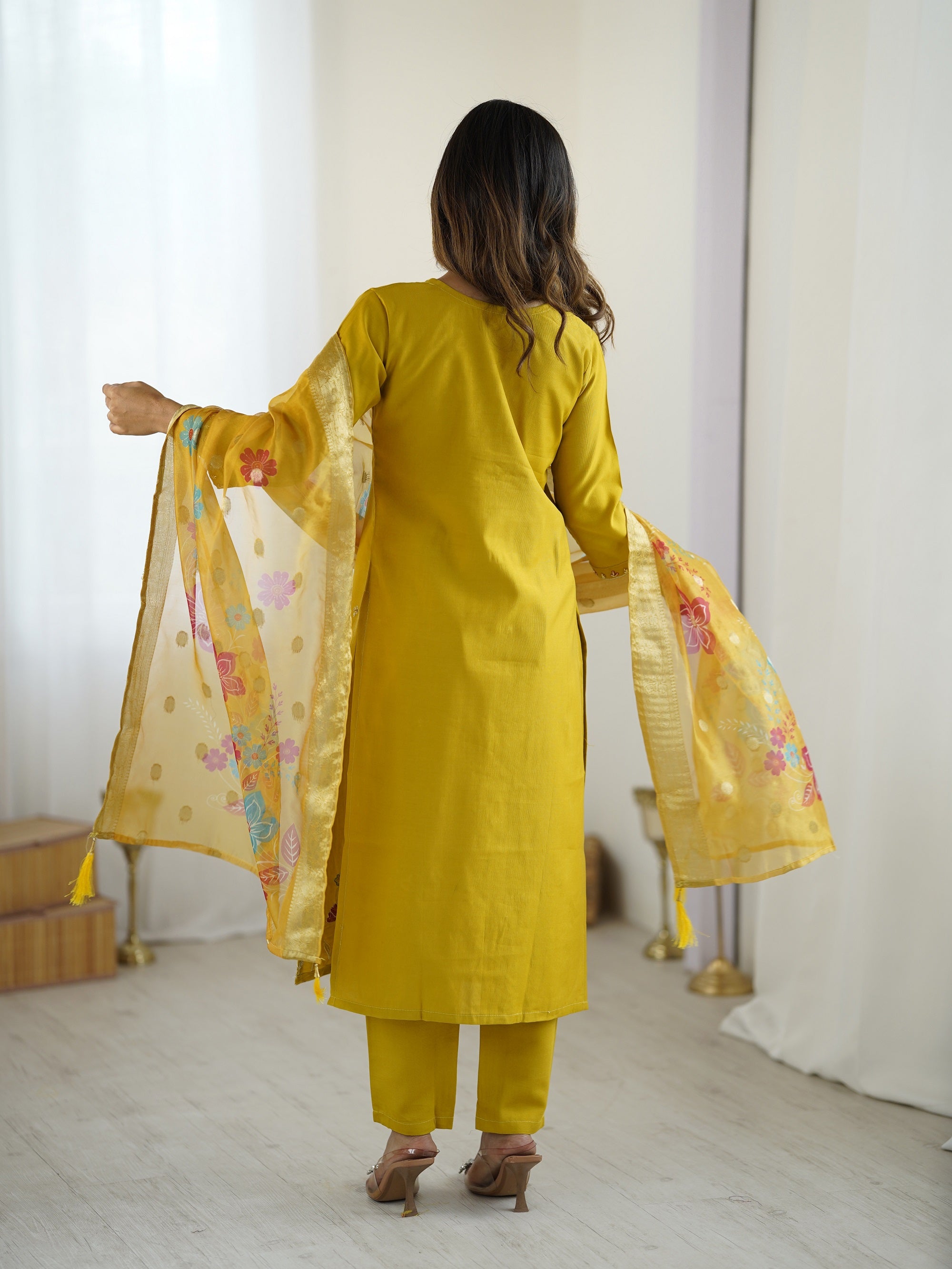 Yellow Embroidered Beads Work Kurta Suit Set