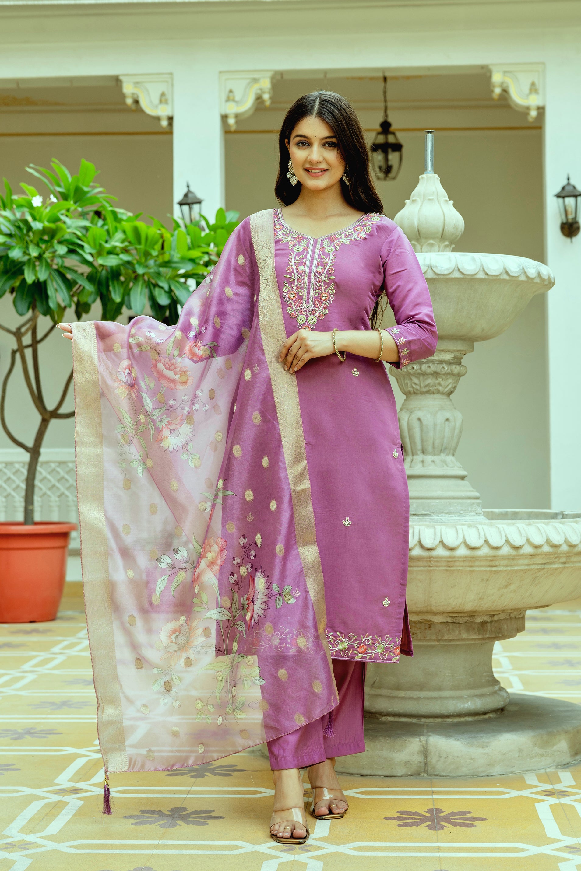 Purple Chanderi Silk Floral Embroidered Kurta Set