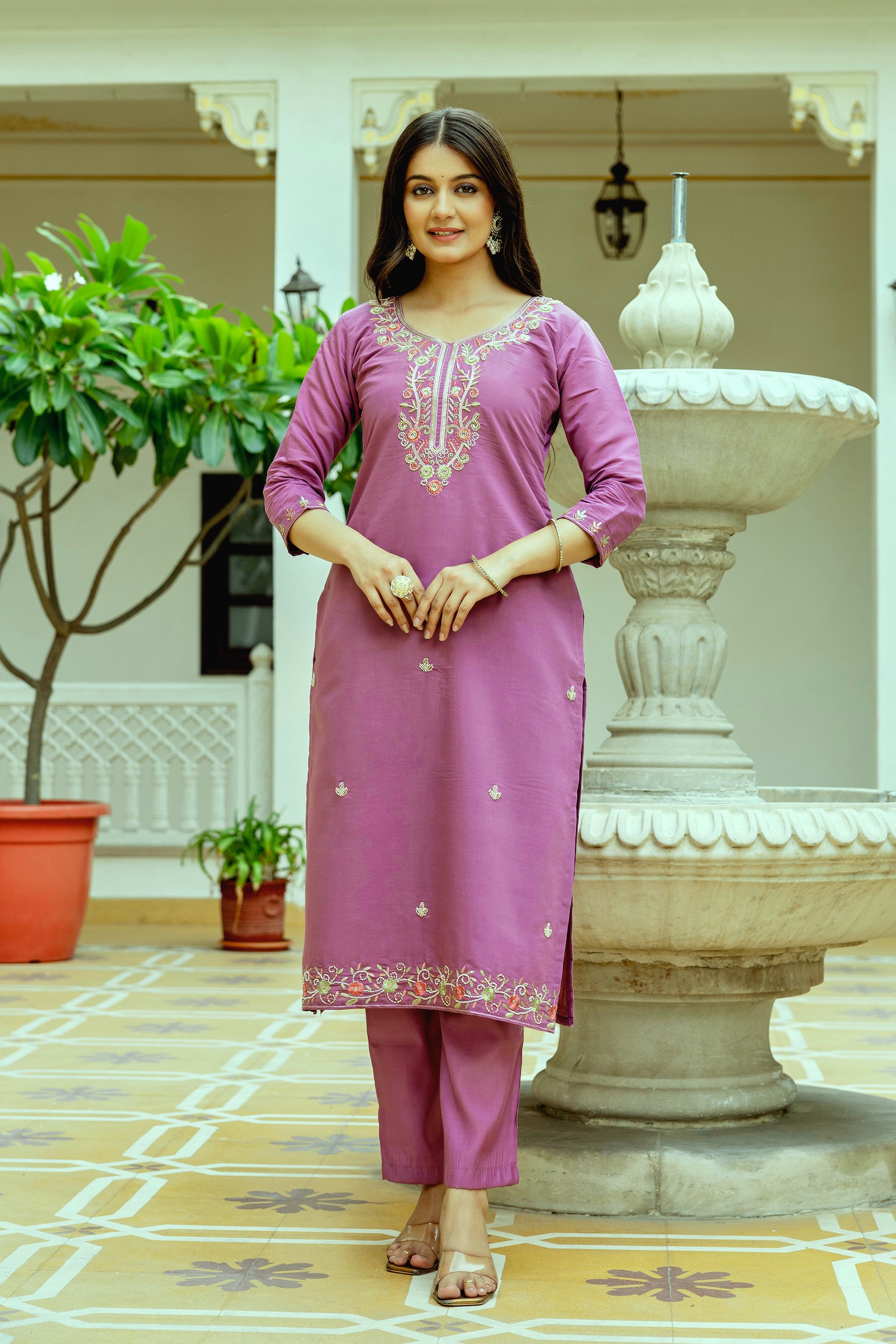 Purple Chanderi Silk Floral Embroidered Kurta Set