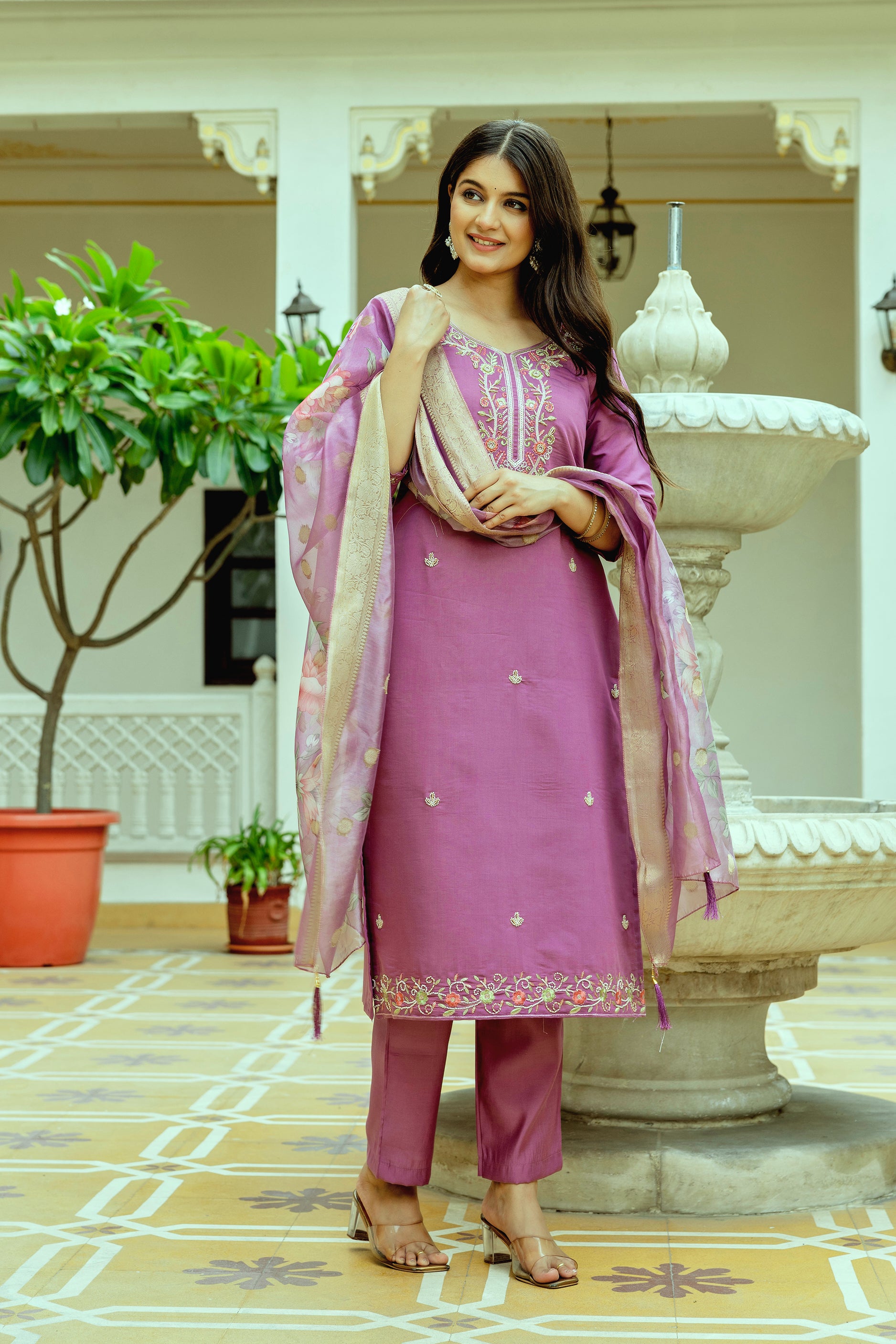 Purple Chanderi Silk Floral Embroidered Kurta Set