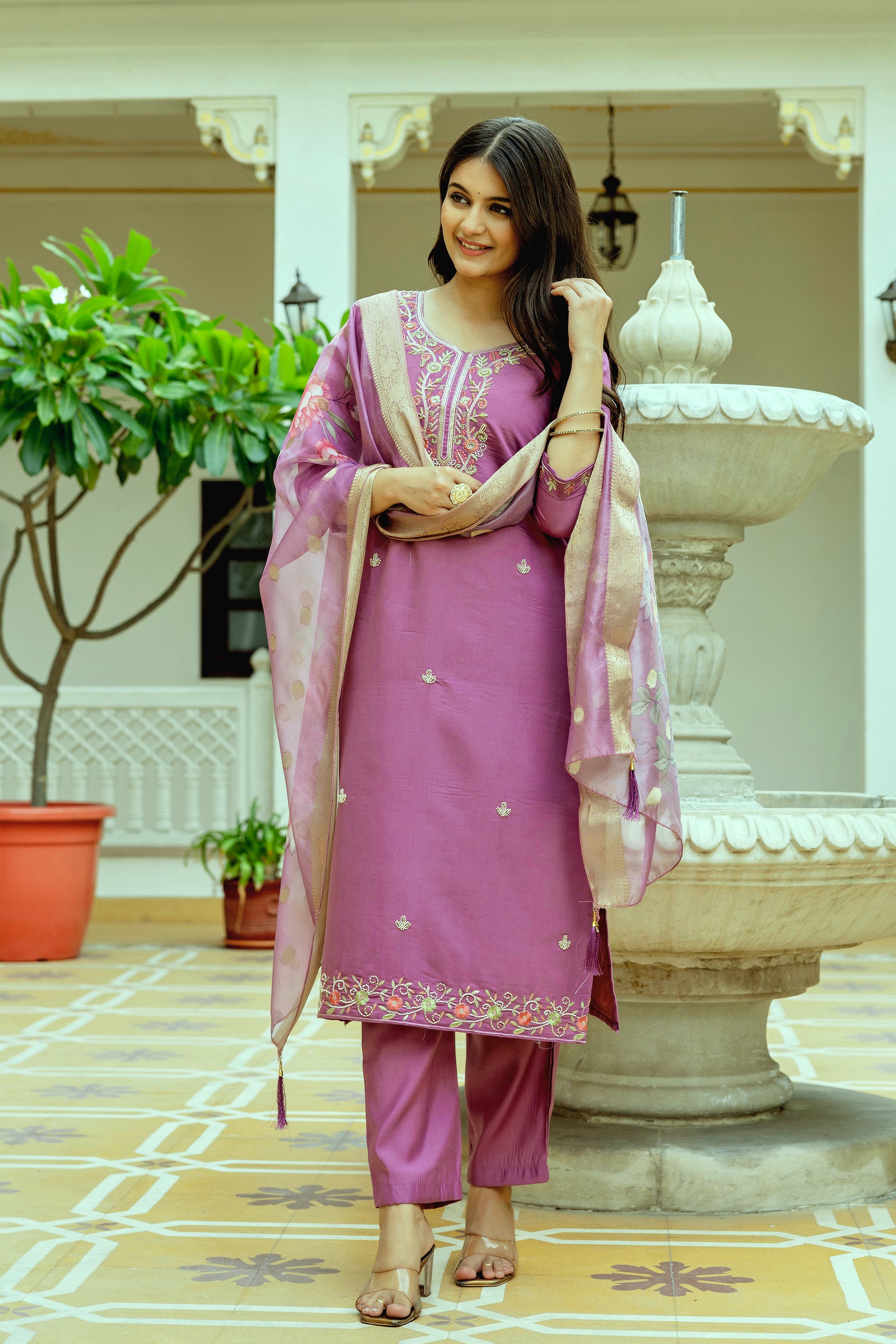 Purple Chanderi Silk Floral Embroidered Kurta Set