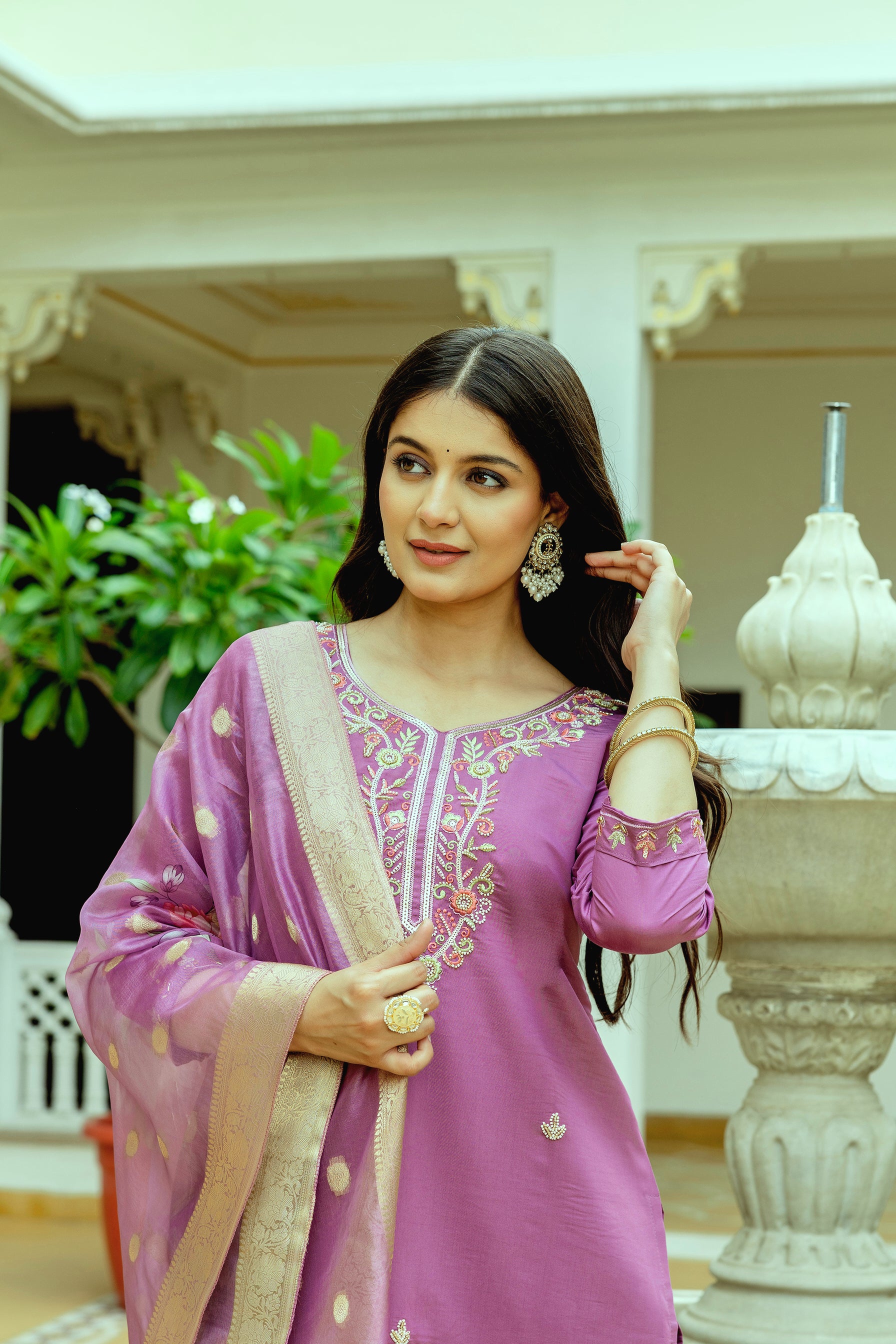 Purple Chanderi Silk Floral Embroidered Kurta Set