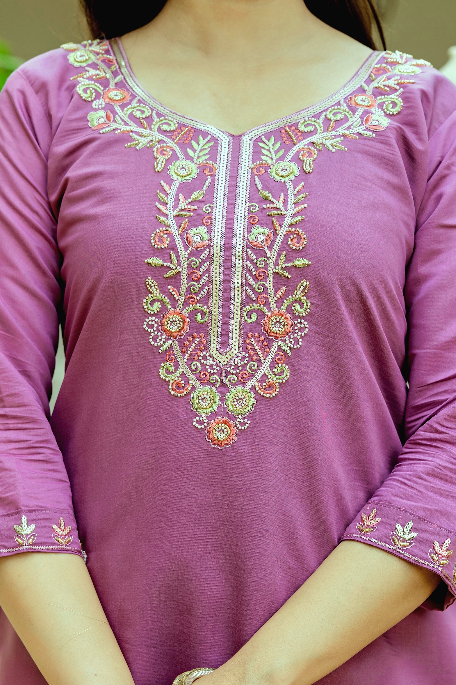 Purple Chanderi Silk Floral Embroidered Kurta Set