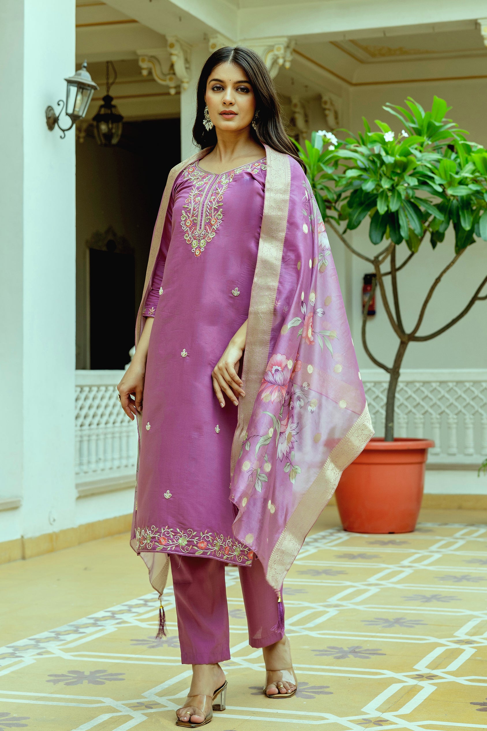 Purple Chanderi Silk Floral Embroidered Kurta Set