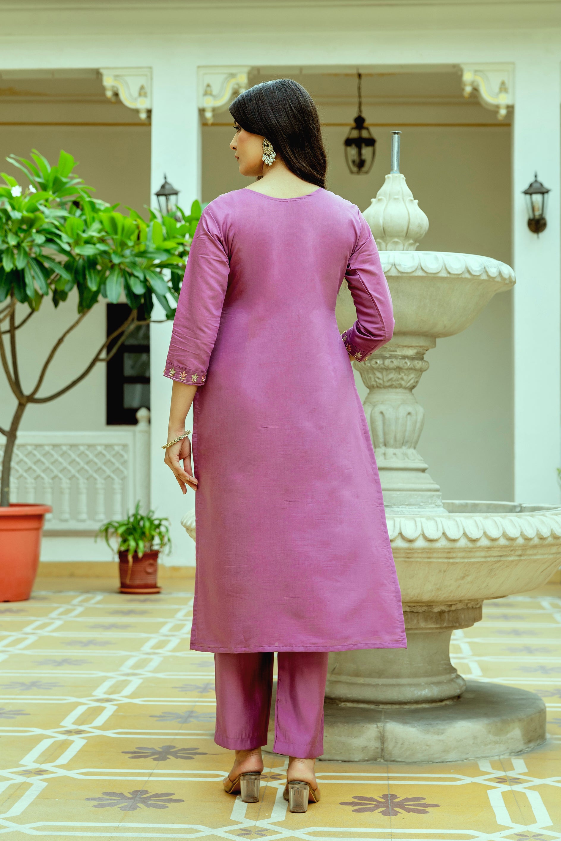 Purple Chanderi Silk Floral Embroidered Kurta Set