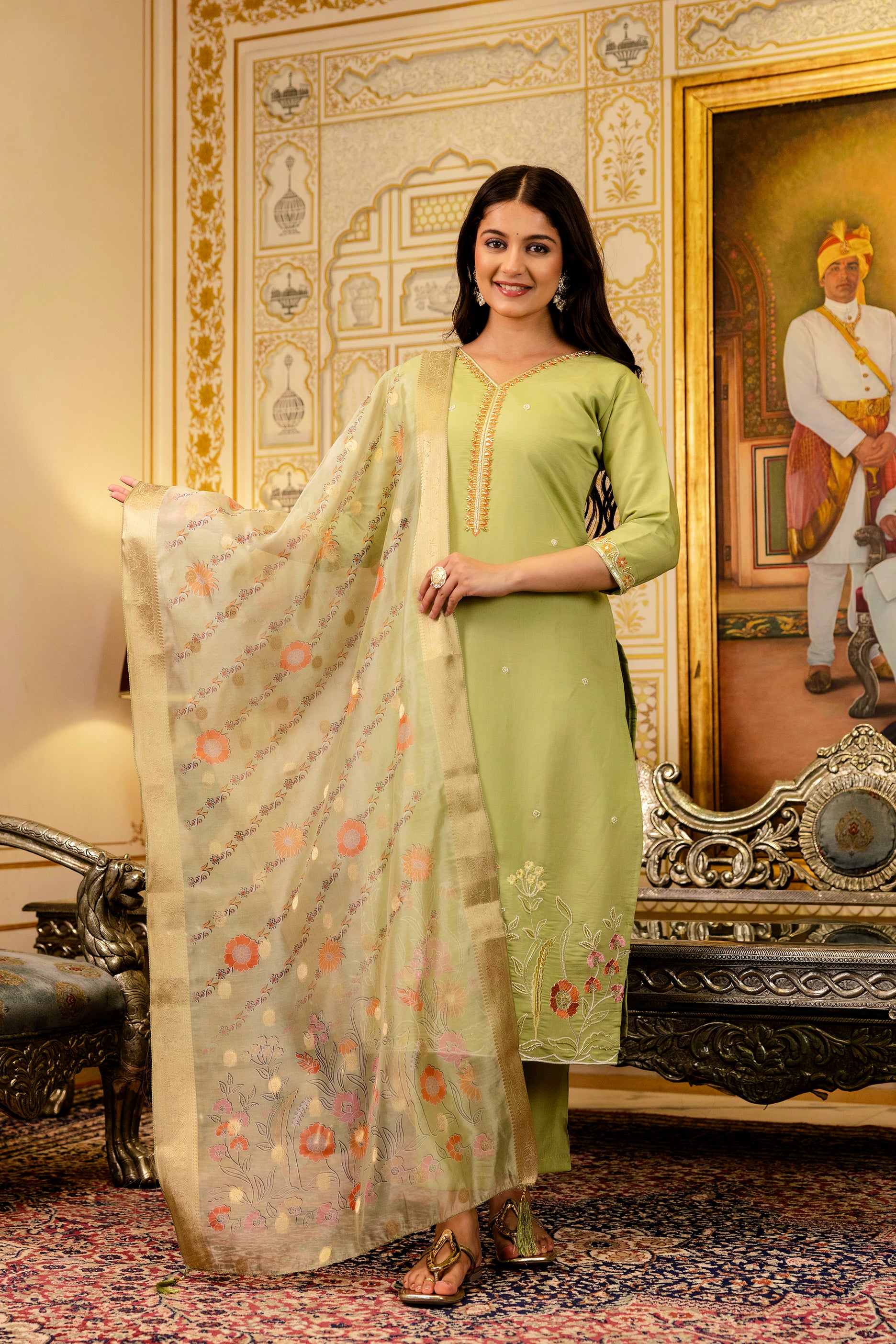 Pista Green Viscose Simer Embroidered Kurta Set