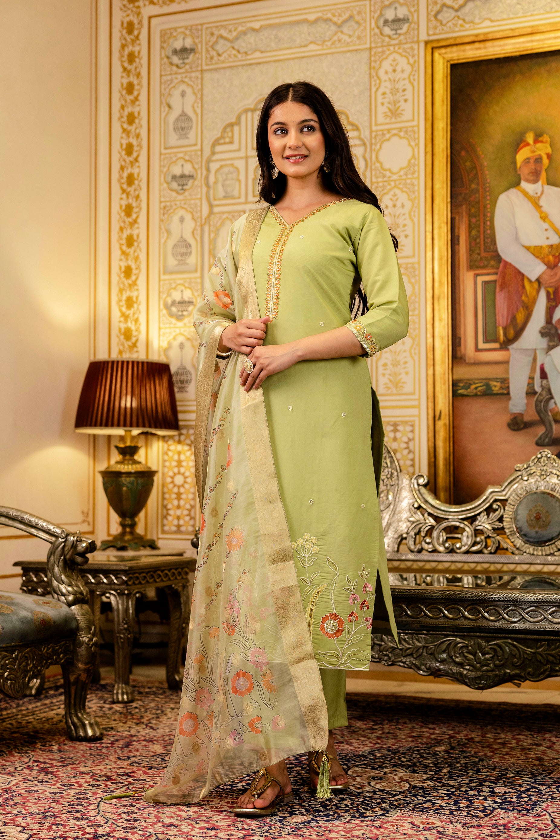 Pista Green Viscose Simer Embroidered Kurta Set