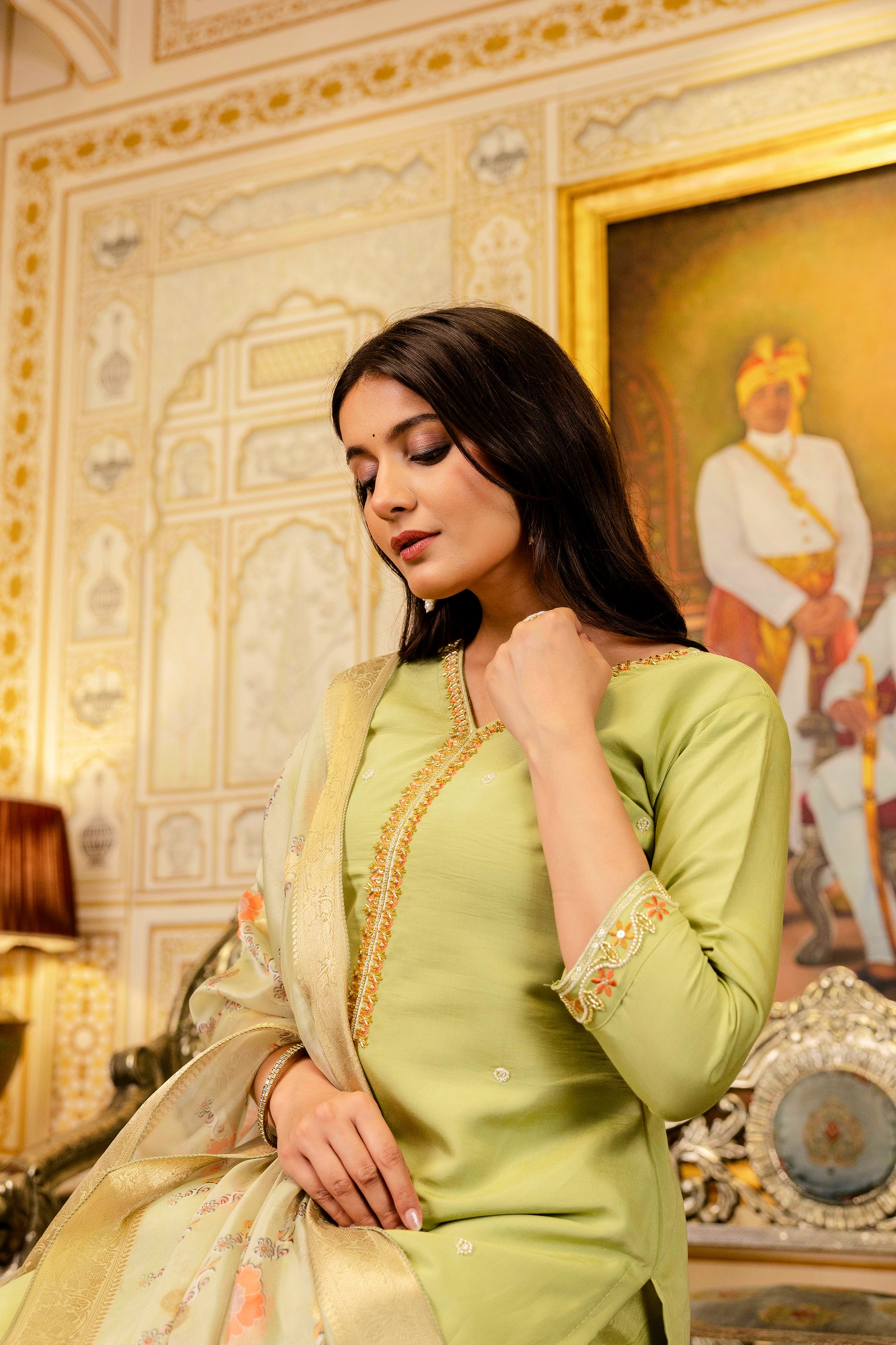 Pista Green Viscose Simer Embroidered Kurta Set