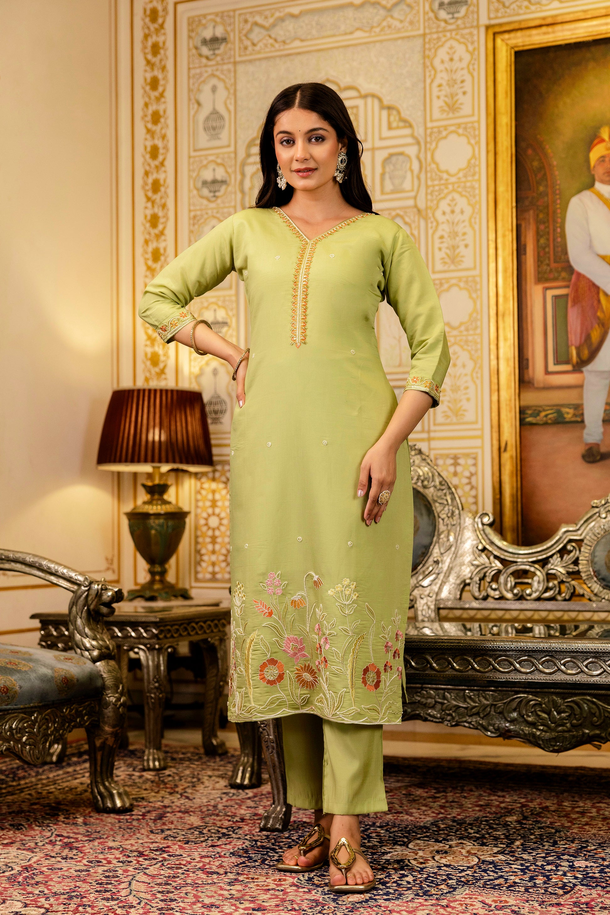 Pista Green Viscose Simer Embroidered Kurta Set