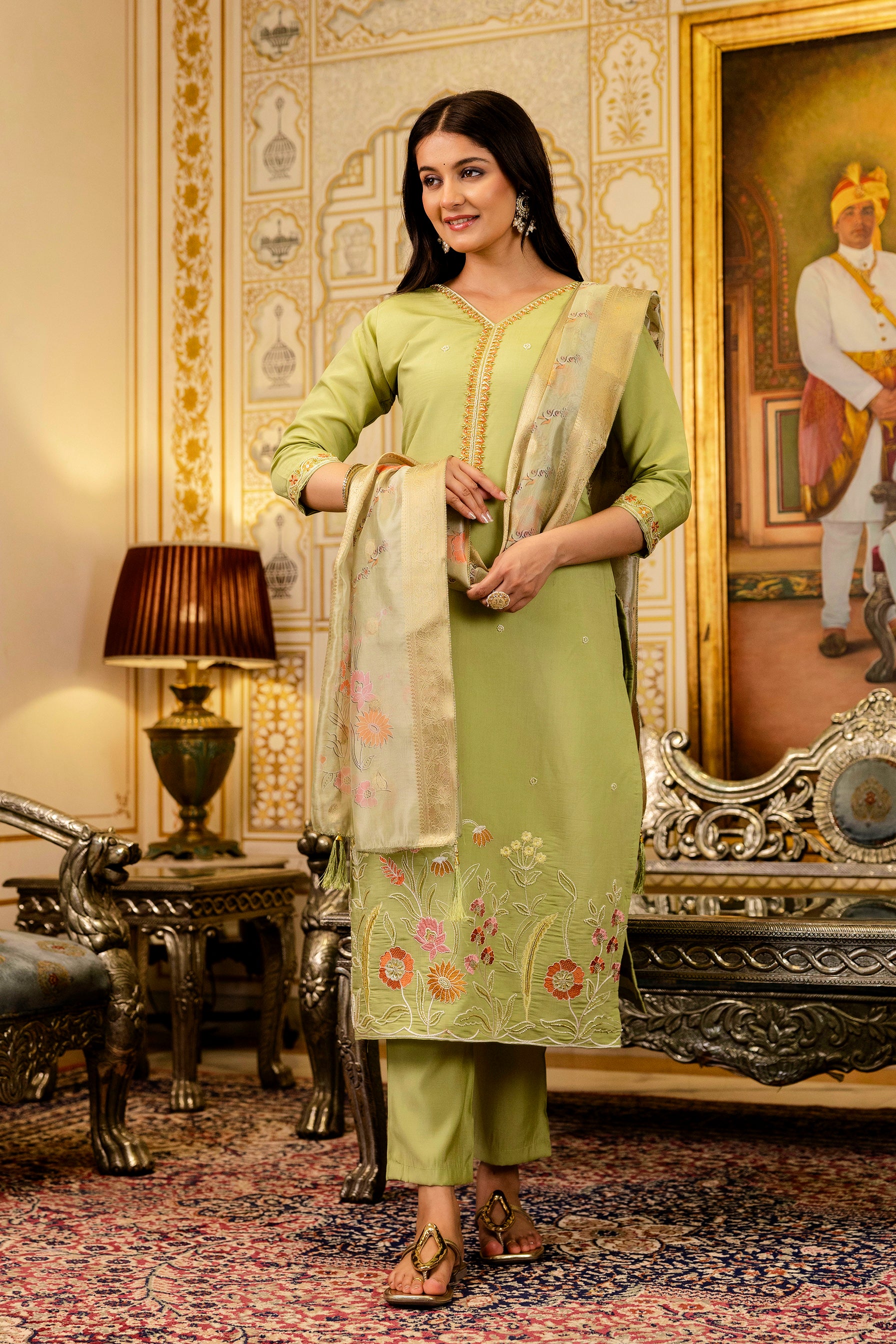 Pista Green Viscose Simer Embroidered Kurta Set