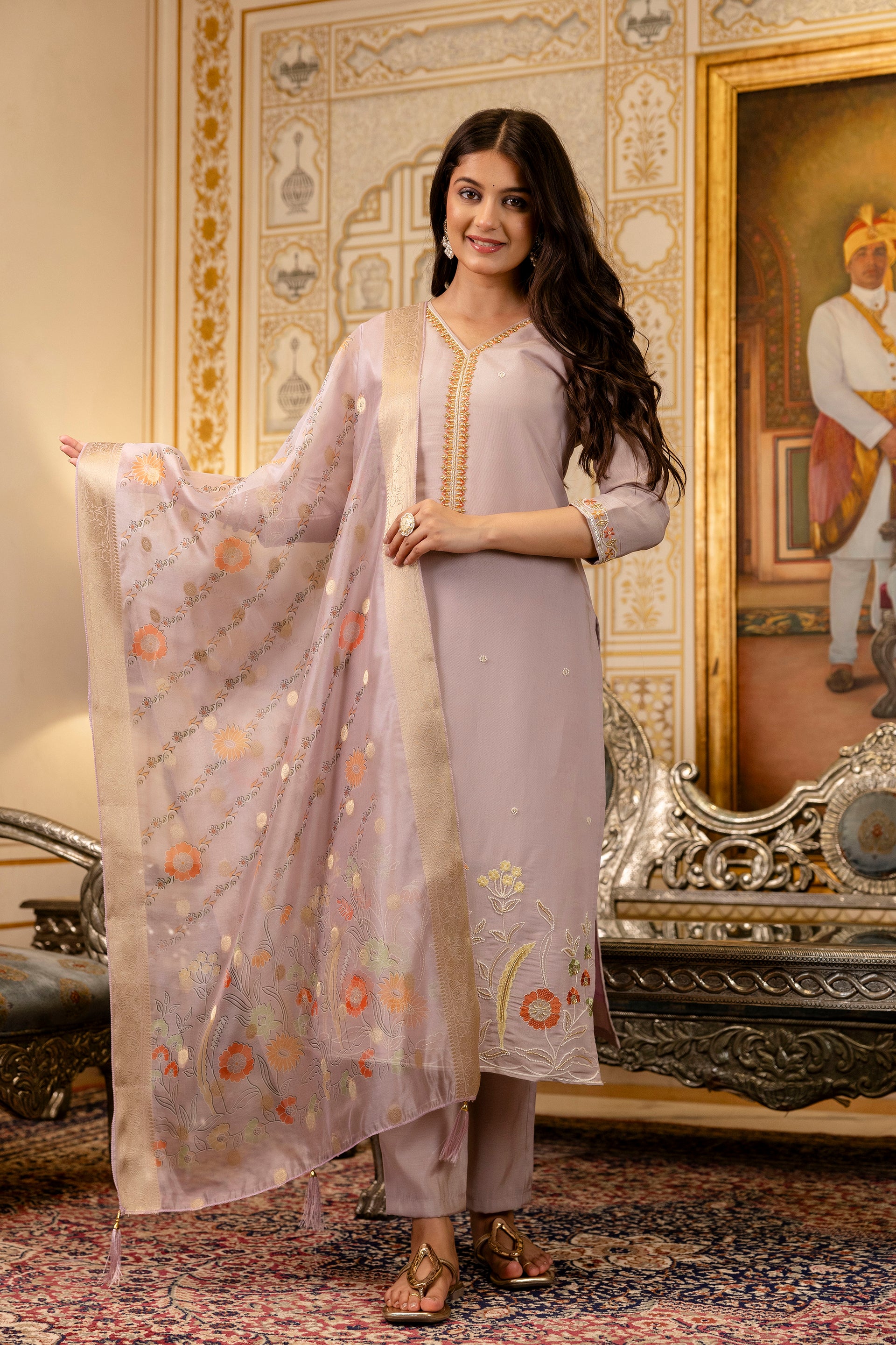 Mauve Viscose Simer Embroidered Kurta Set