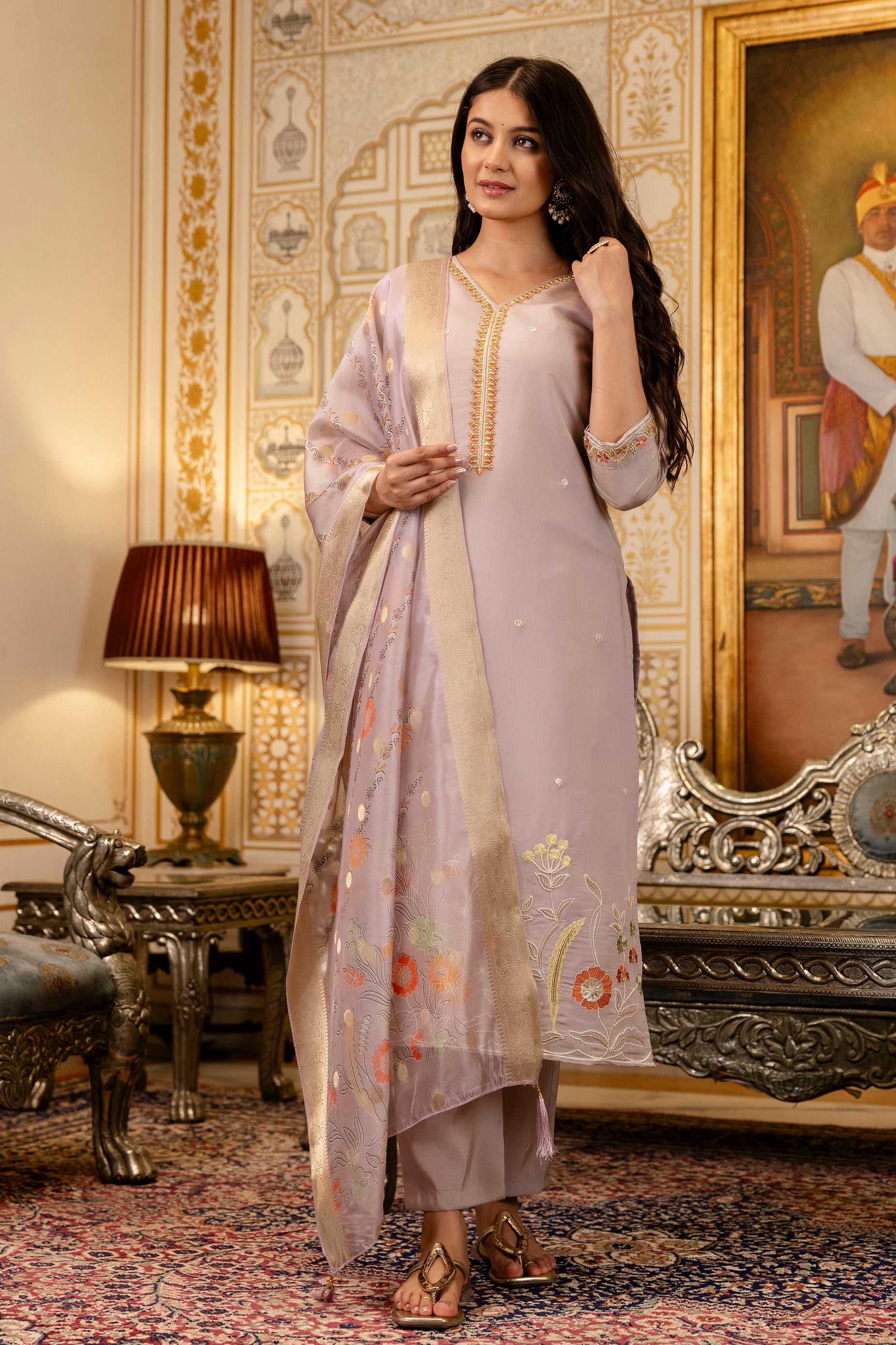 Mauve Viscose Simer Embroidered Kurta Set
