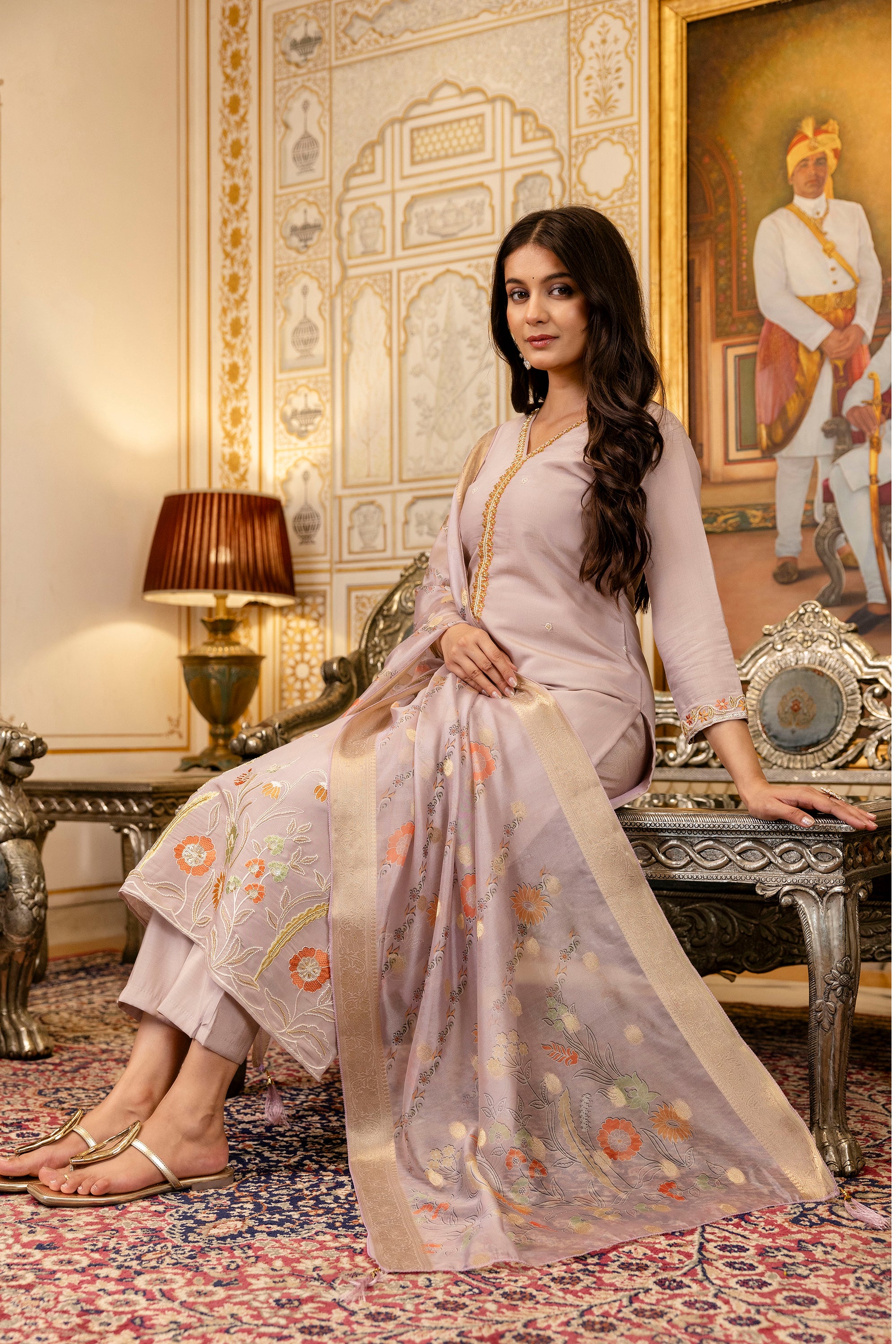 Mauve Viscose Simer Embroidered Kurta Set