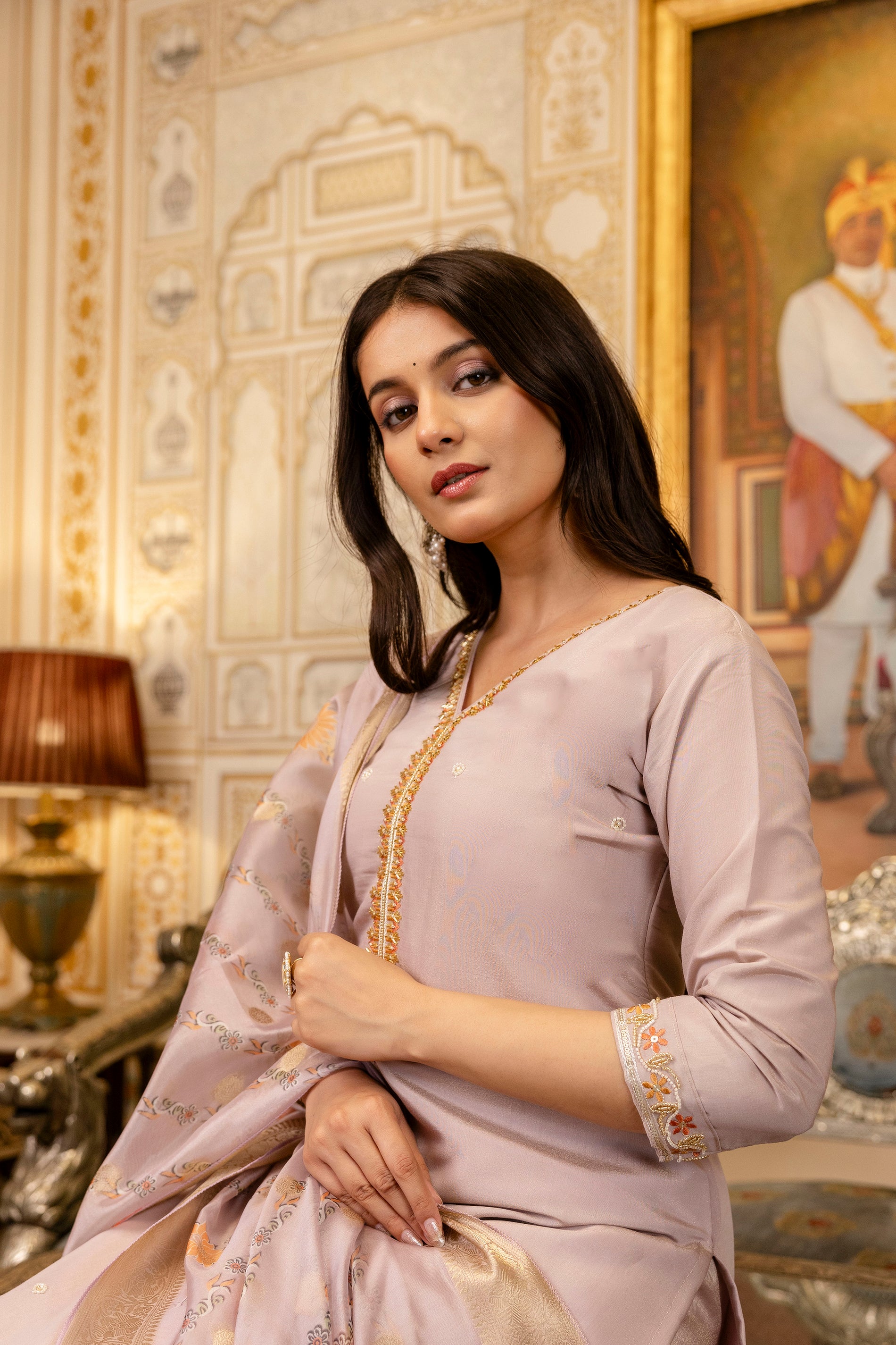 Mauve Viscose Simer Embroidered Kurta Set