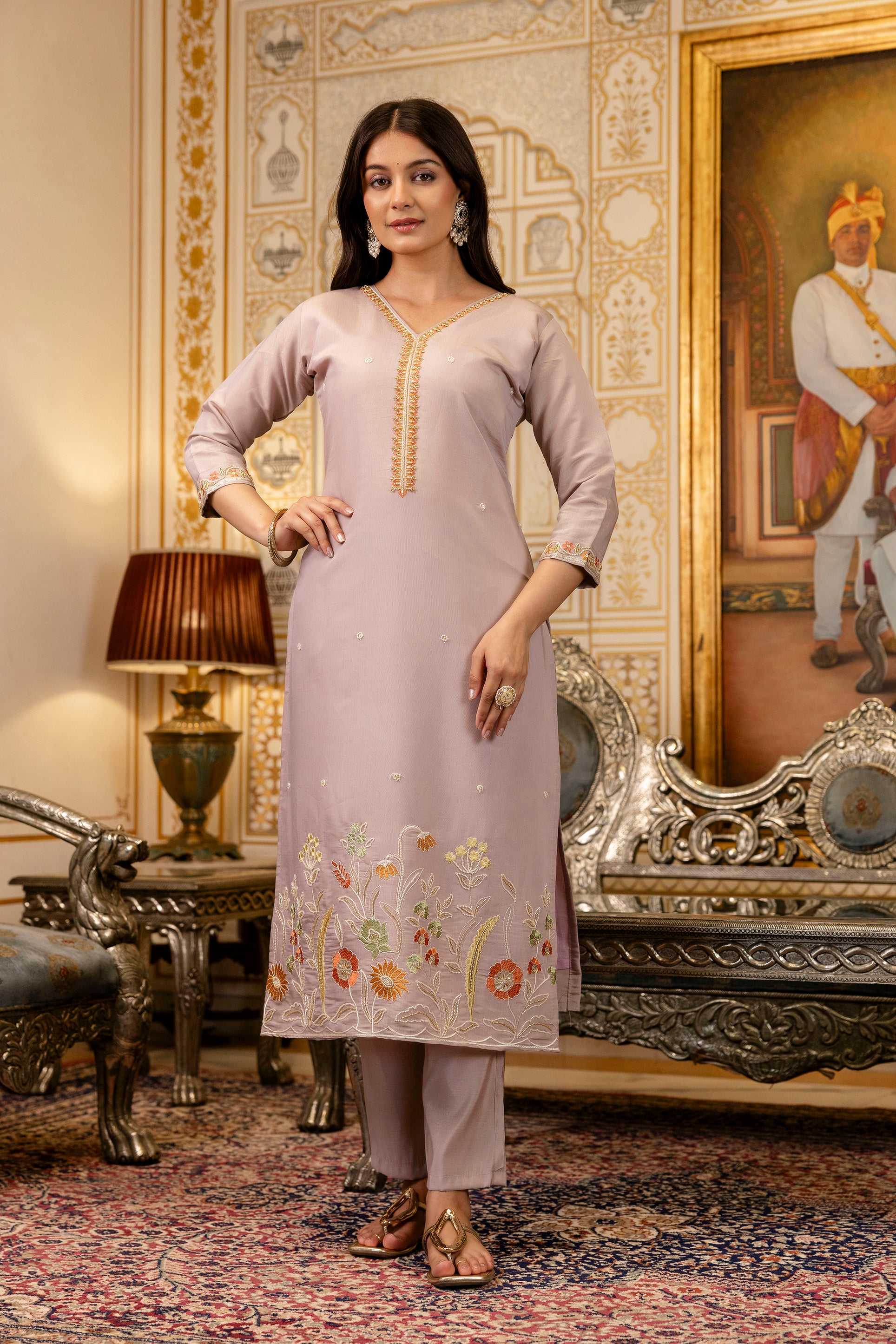 Mauve Viscose Simer Embroidered Kurta Set