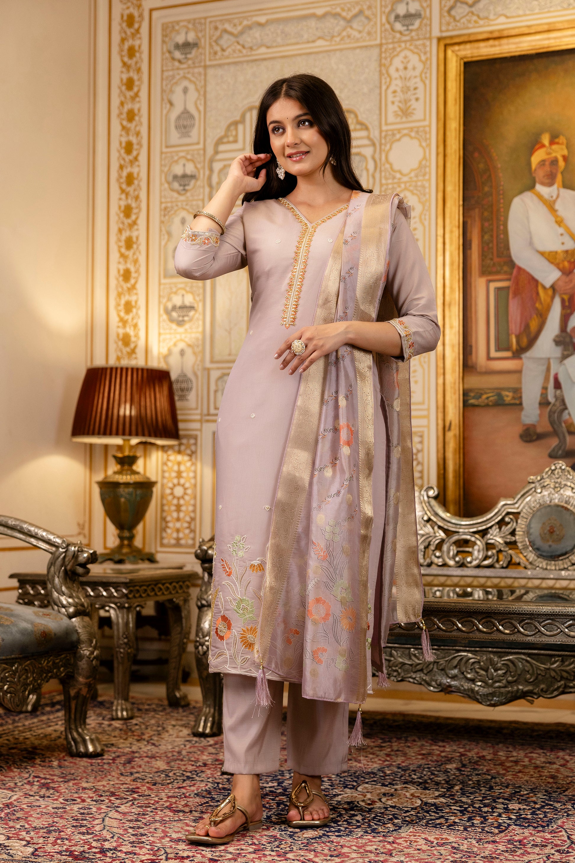 Mauve Viscose Simer Embroidered Kurta Set