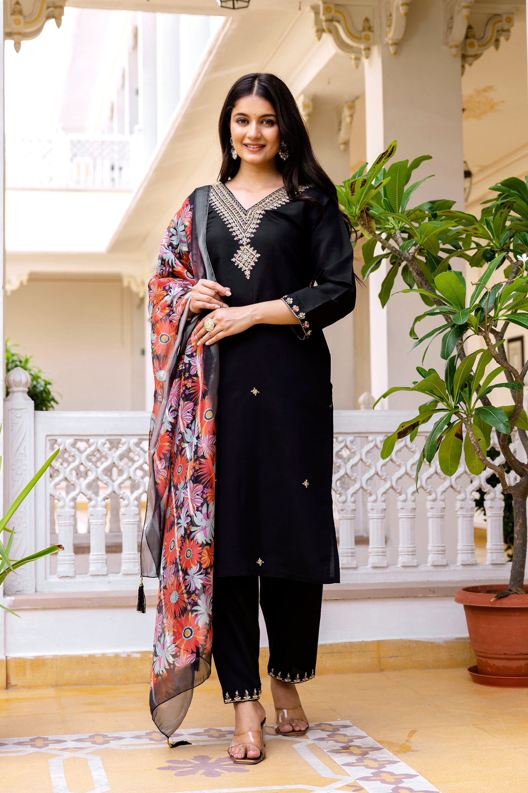 Black Viscose Chanderi Silk Embroidered Kurta Set