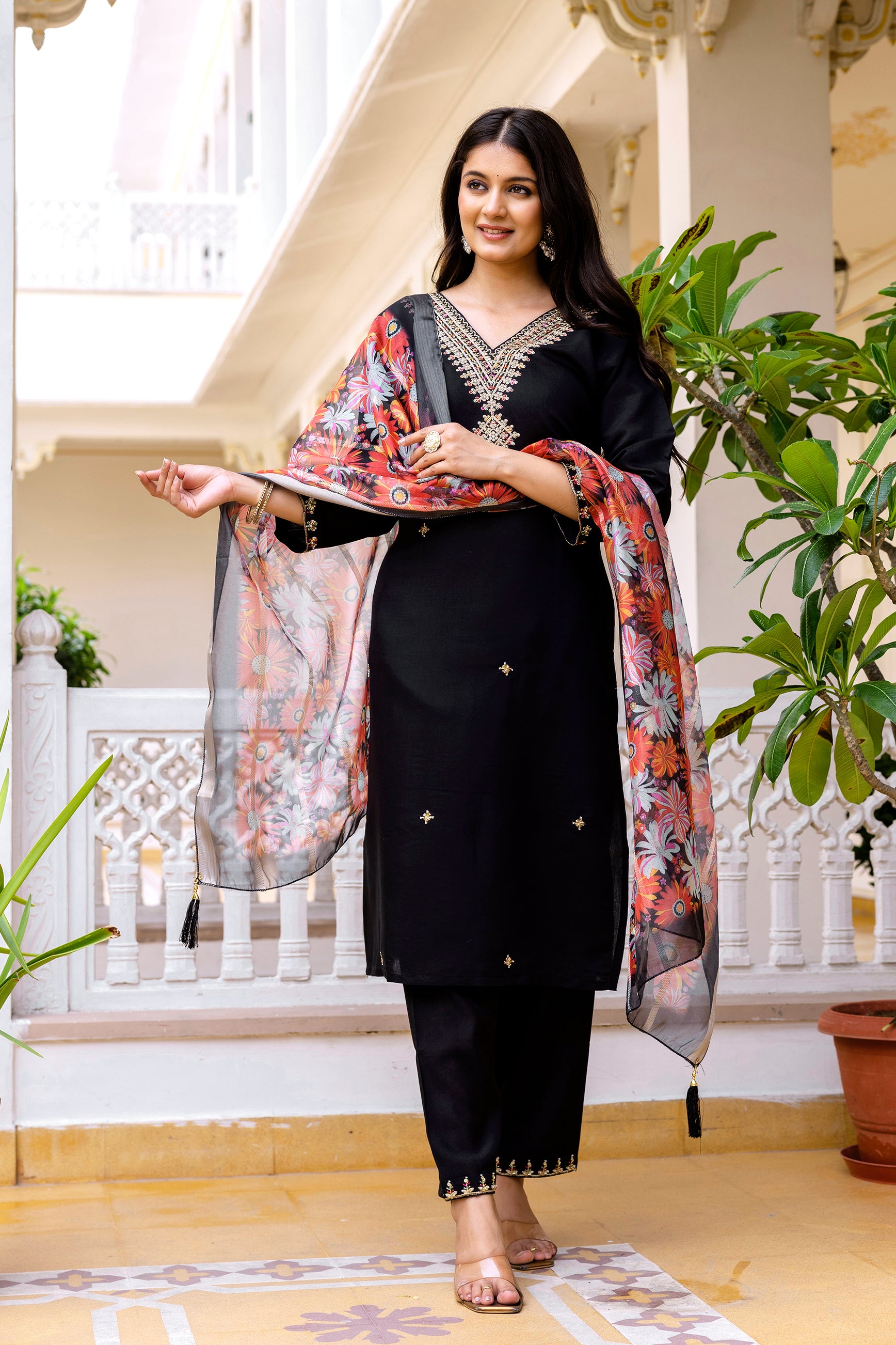 Black Viscose Chanderi Silk Embroidered Kurta Set