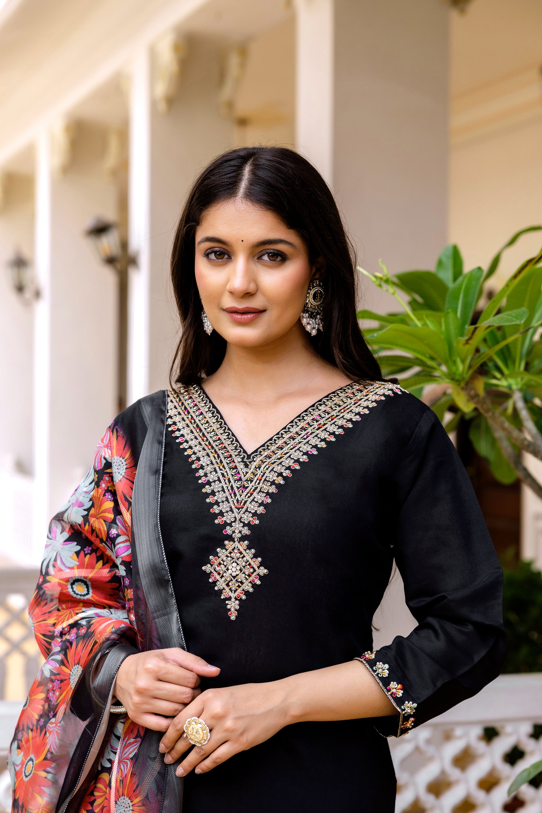 Black Viscose Chanderi Silk Embroidered Kurta Set