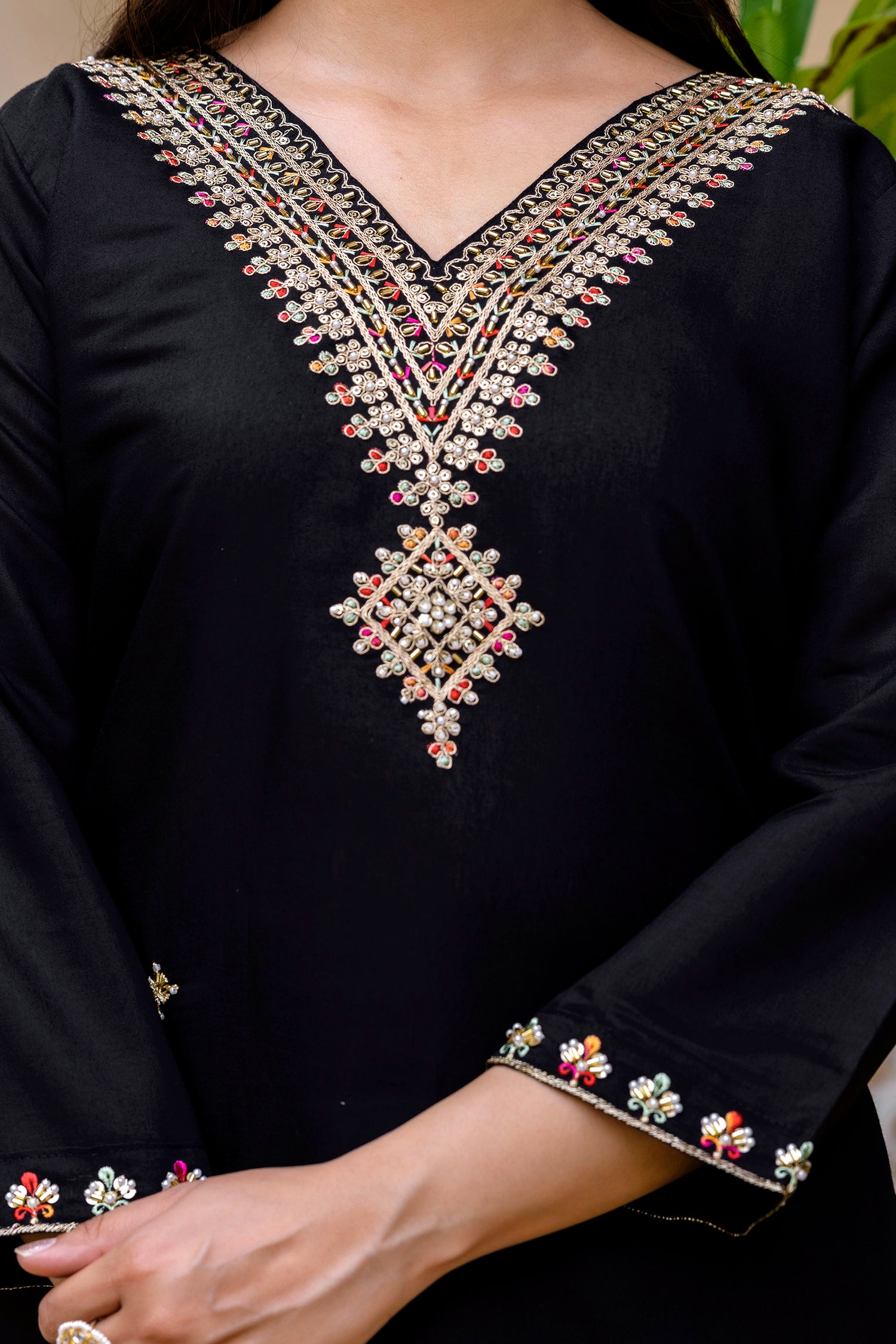 Black Viscose Chanderi Silk Embroidered Kurta Set