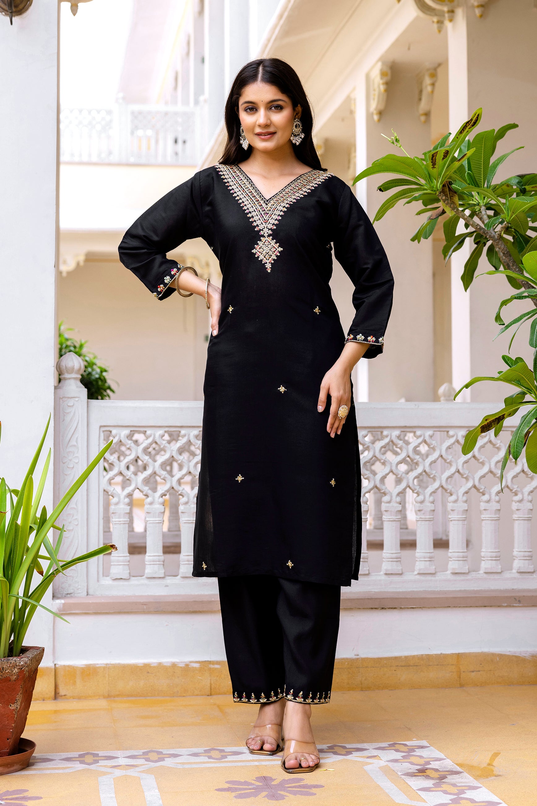 Black Viscose Chanderi Silk Embroidered Kurta Set