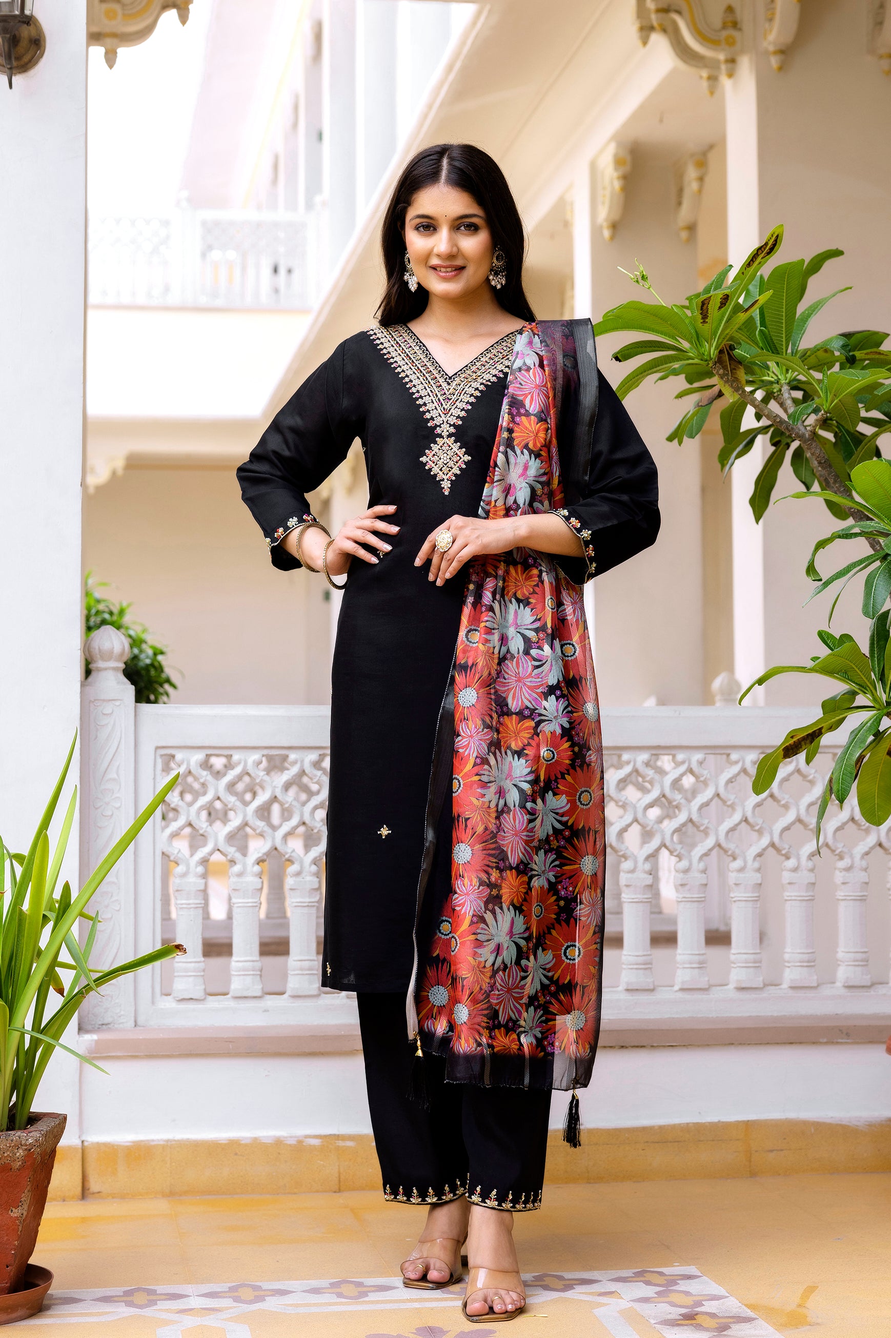 Black Viscose Chanderi Silk Embroidered Kurta Set