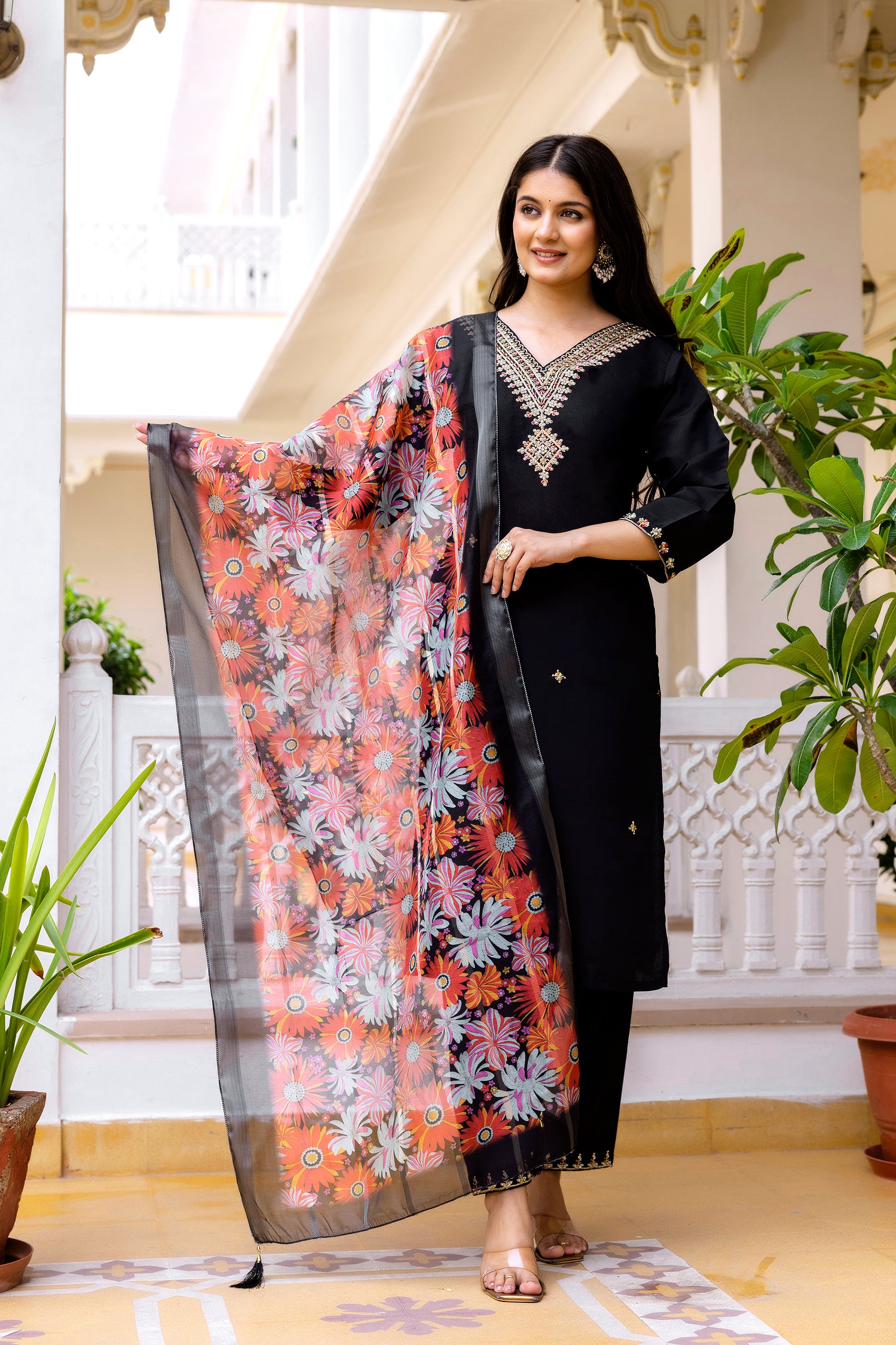 Black Viscose Chanderi Silk Embroidered Kurta Set