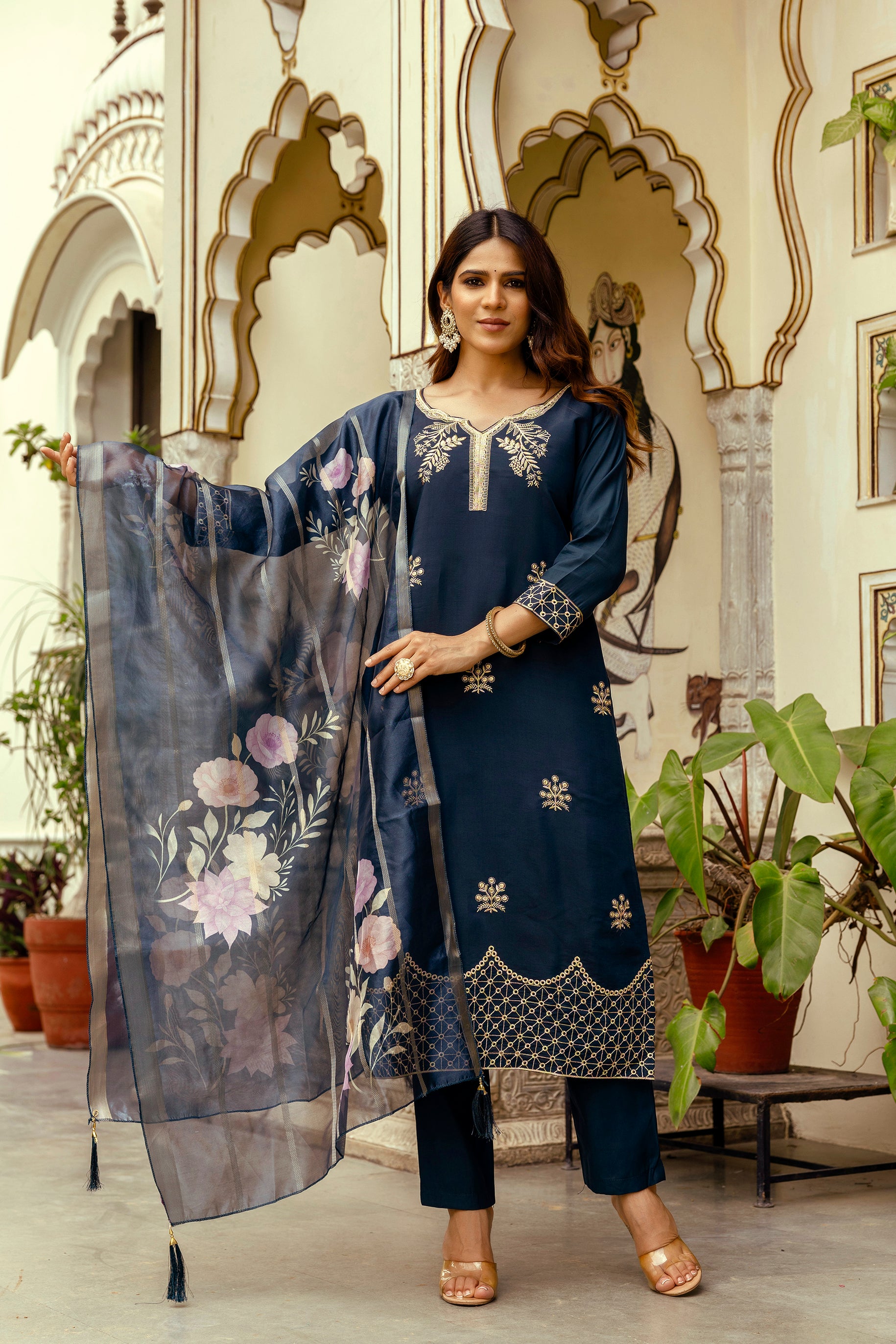 Navy Blue Viscose Chanderi Embroidered Kurta Set