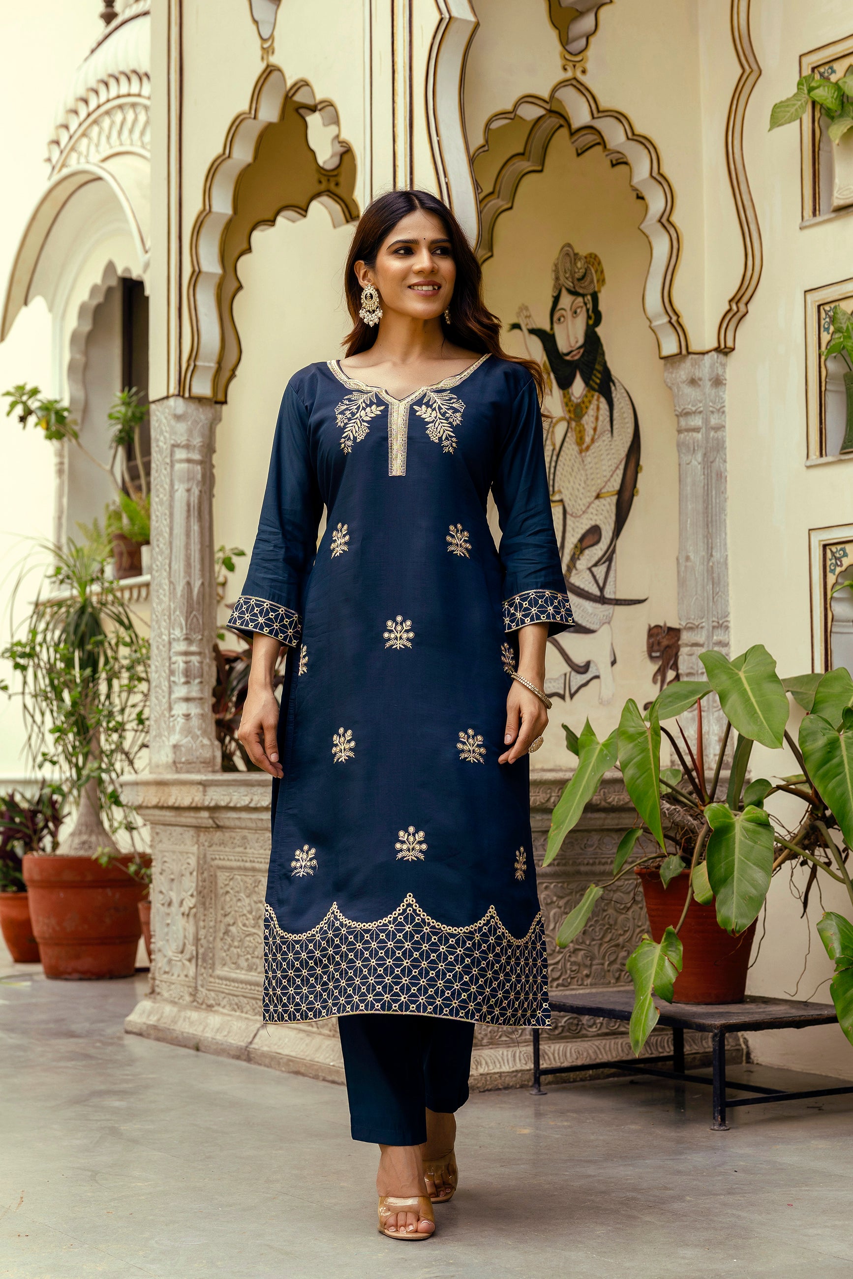 Navy Blue Viscose Chanderi Embroidered Kurta Set
