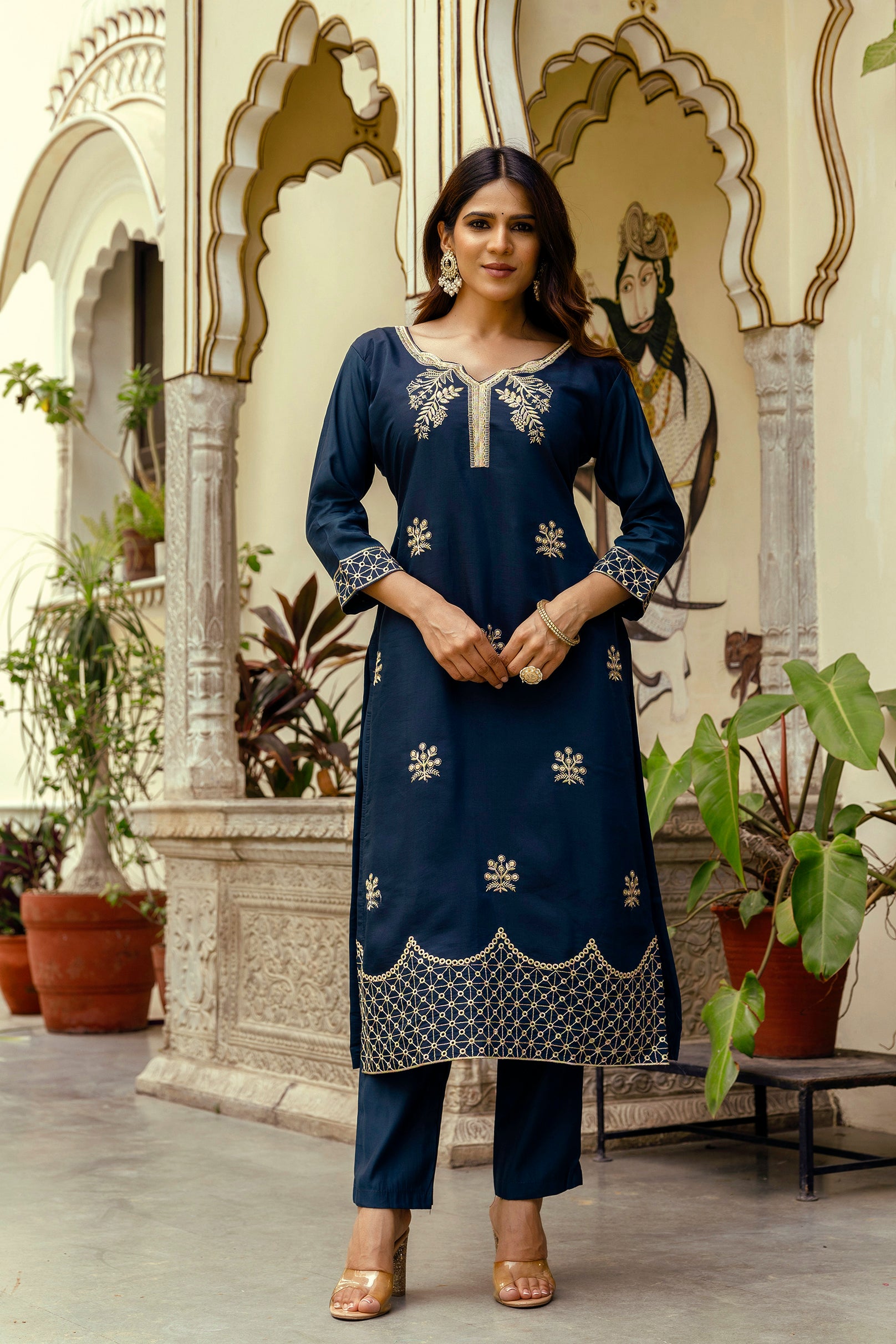 Navy Blue Viscose Chanderi Embroidered Kurta Set