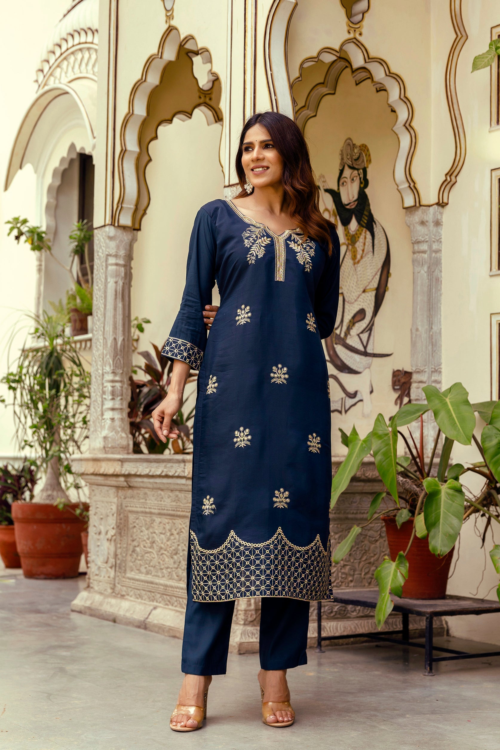 Navy Blue Viscose Chanderi Embroidered Kurta Set