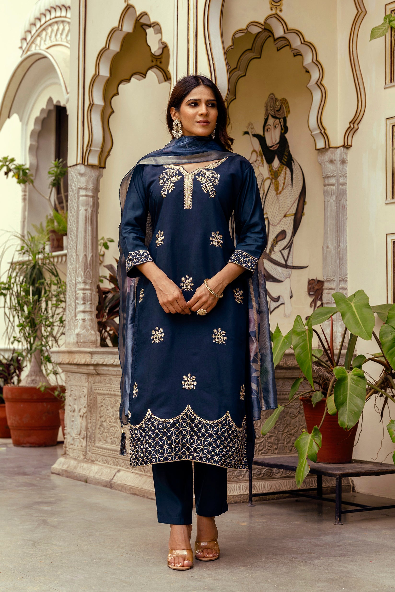 Navy Blue Viscose Chanderi Embroidered Kurta Set