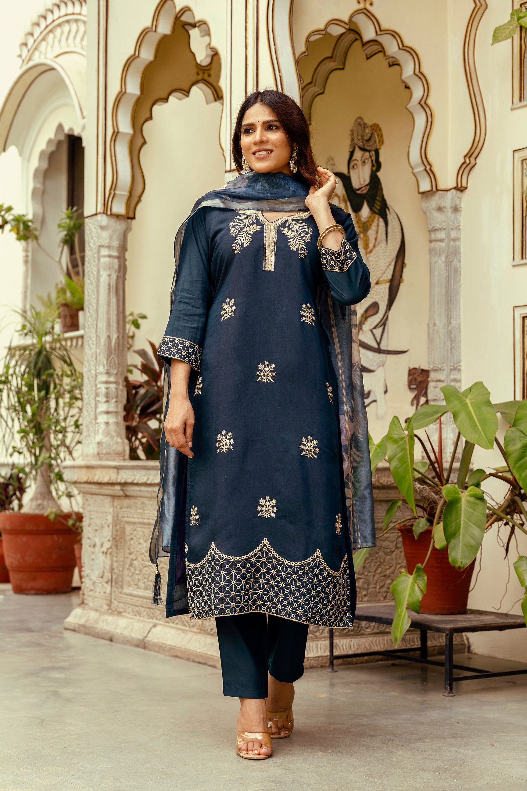 Navy Blue Viscose Chanderi Embroidered Kurta Set