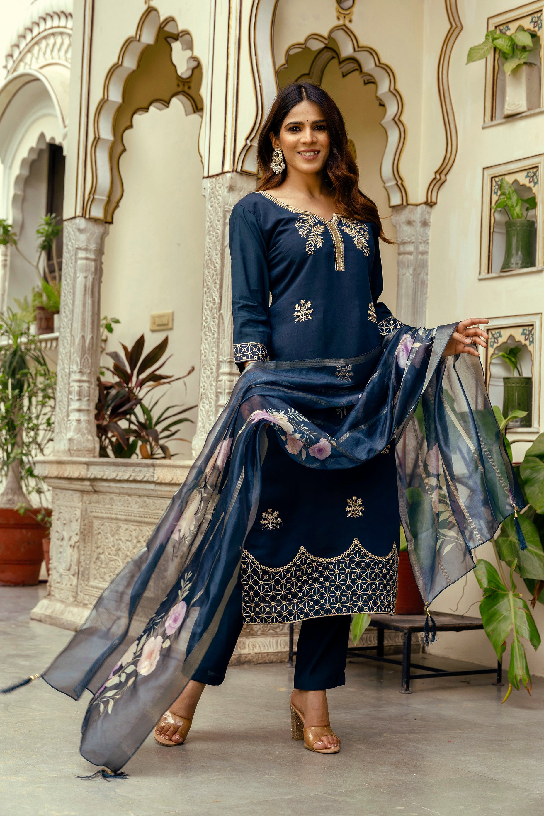 Navy Blue Viscose Chanderi Embroidered Kurta Set
