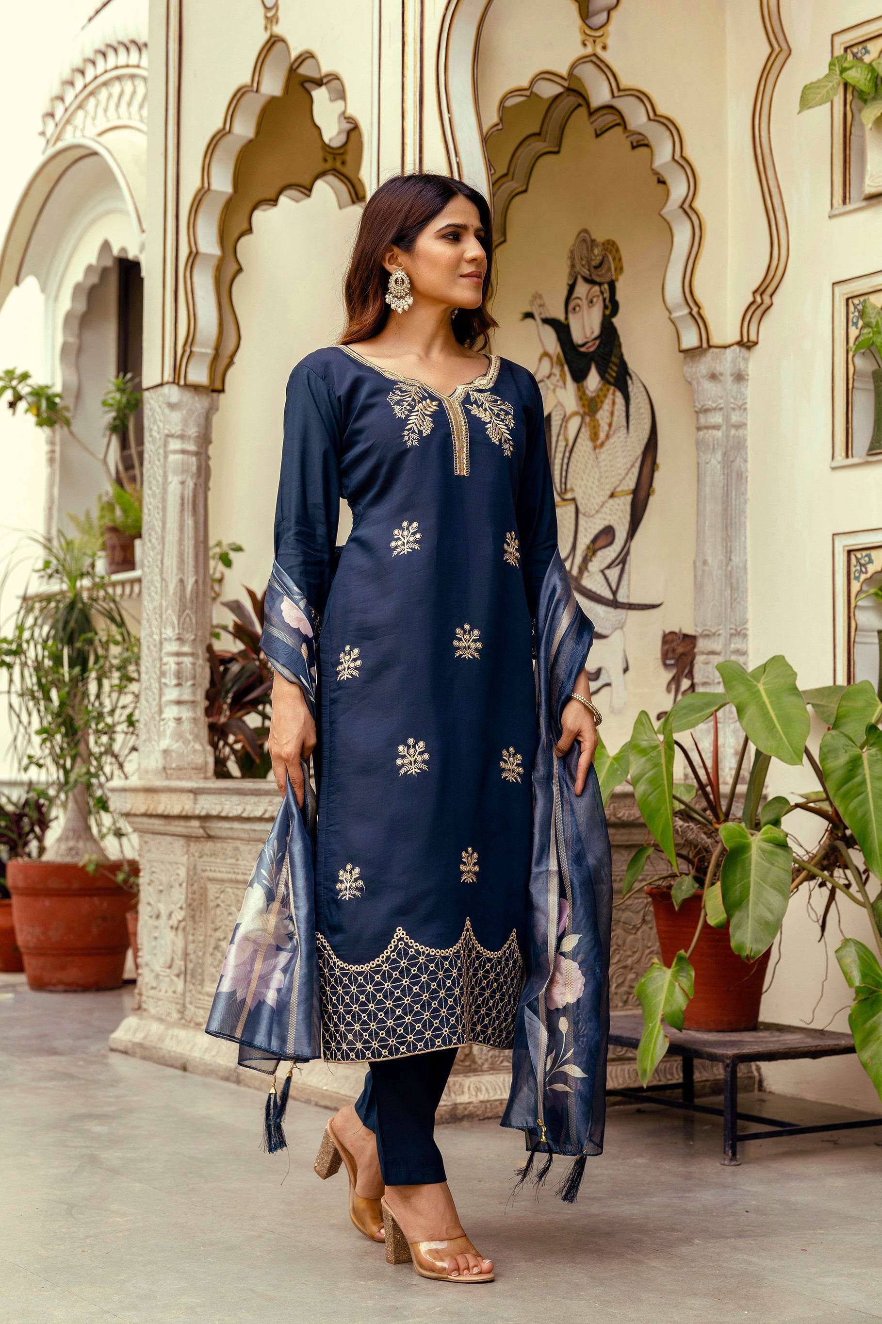 Navy Blue Viscose Chanderi Embroidered Kurta Set