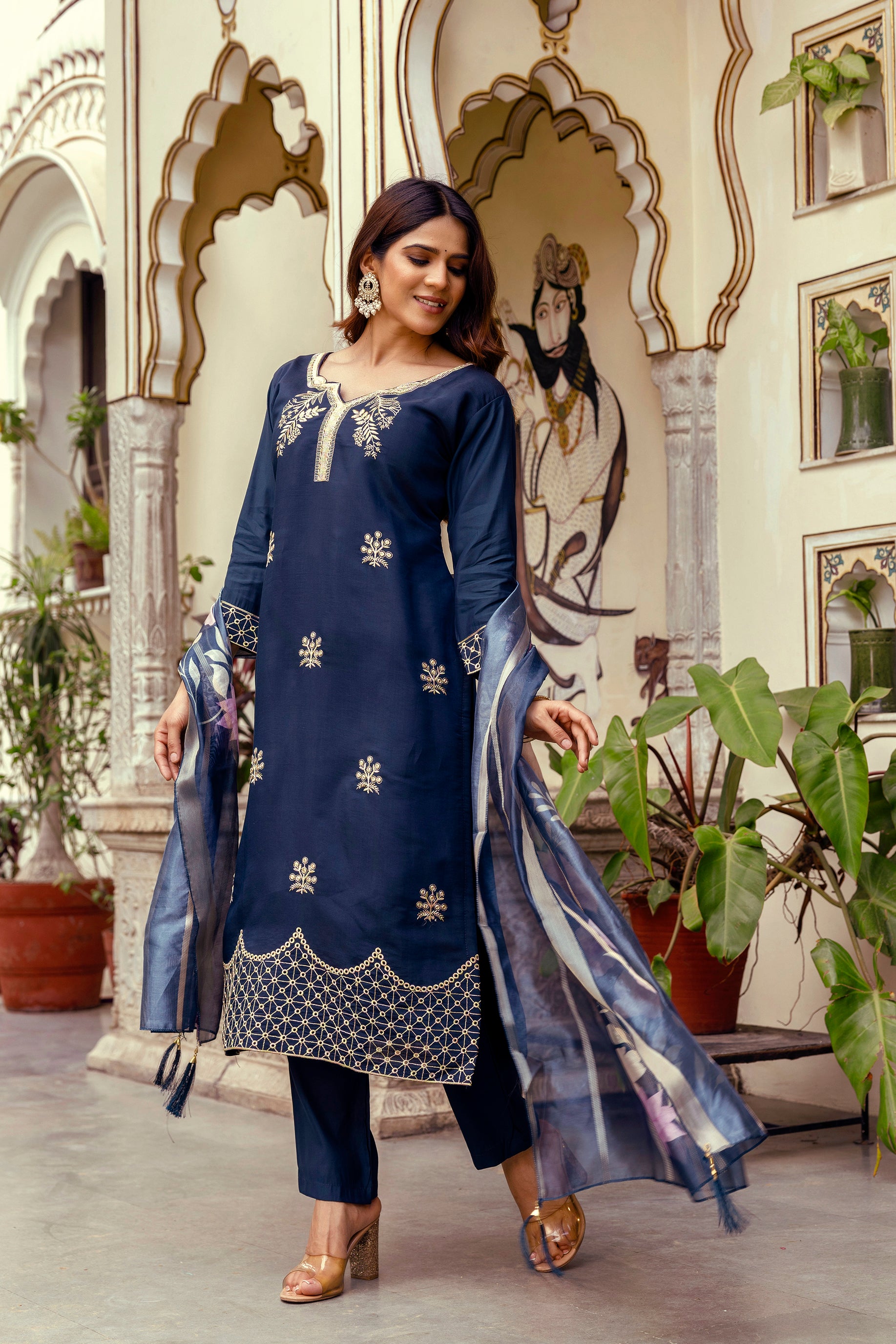 Navy Blue Viscose Chanderi Embroidered Kurta Set