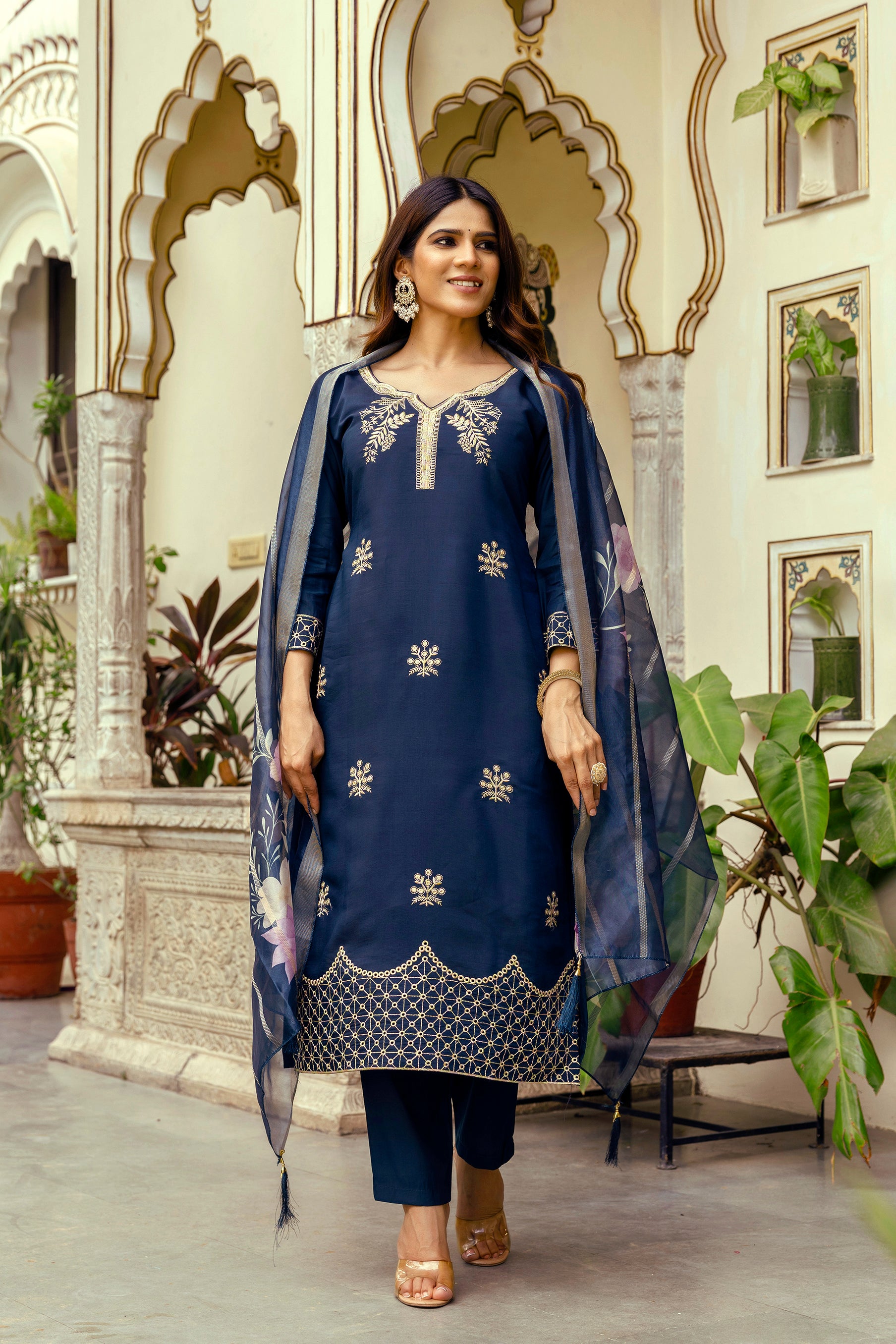 Navy Blue Viscose Chanderi Embroidered Kurta Set