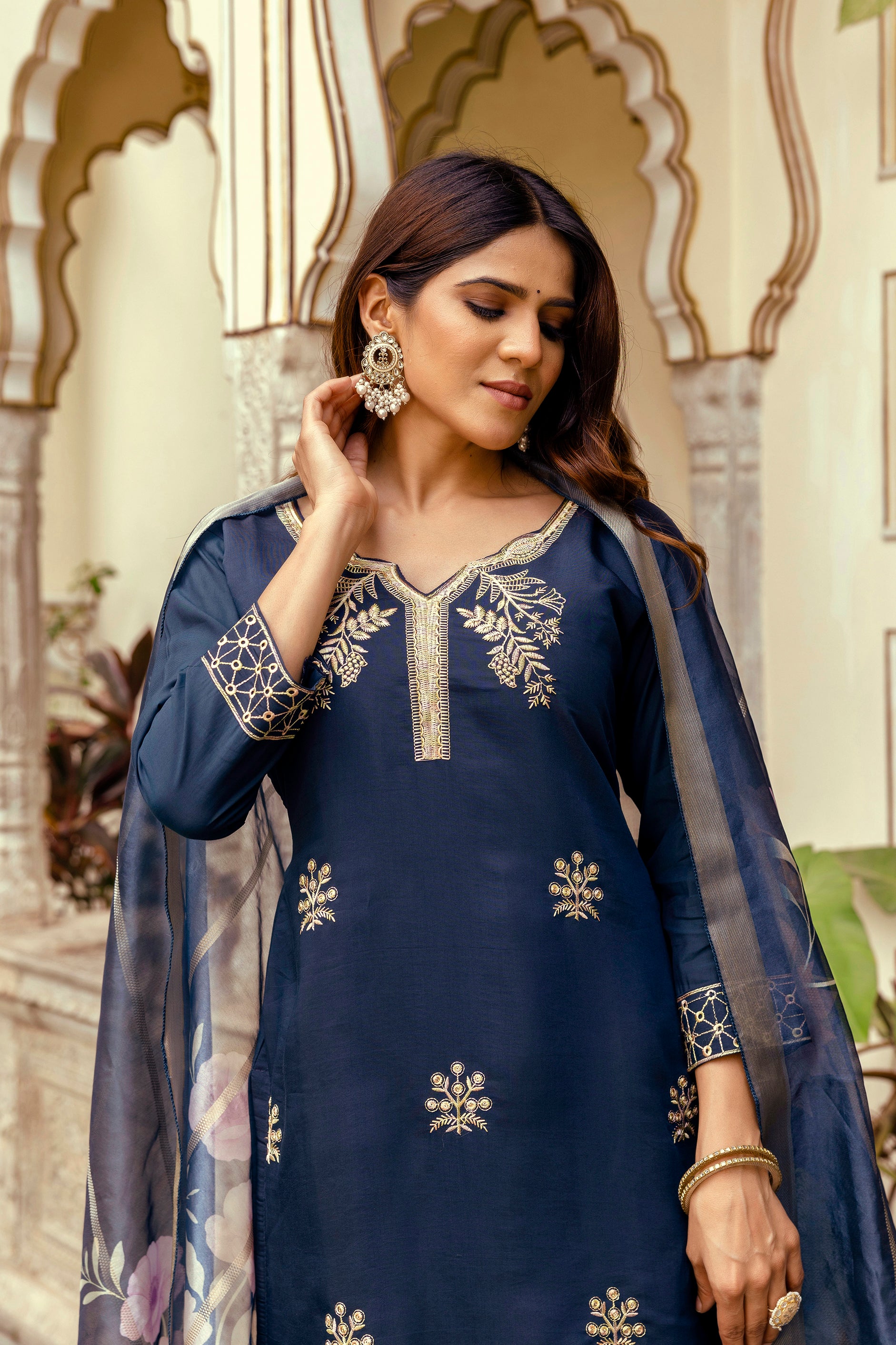 Navy Blue Viscose Chanderi Embroidered Kurta Set