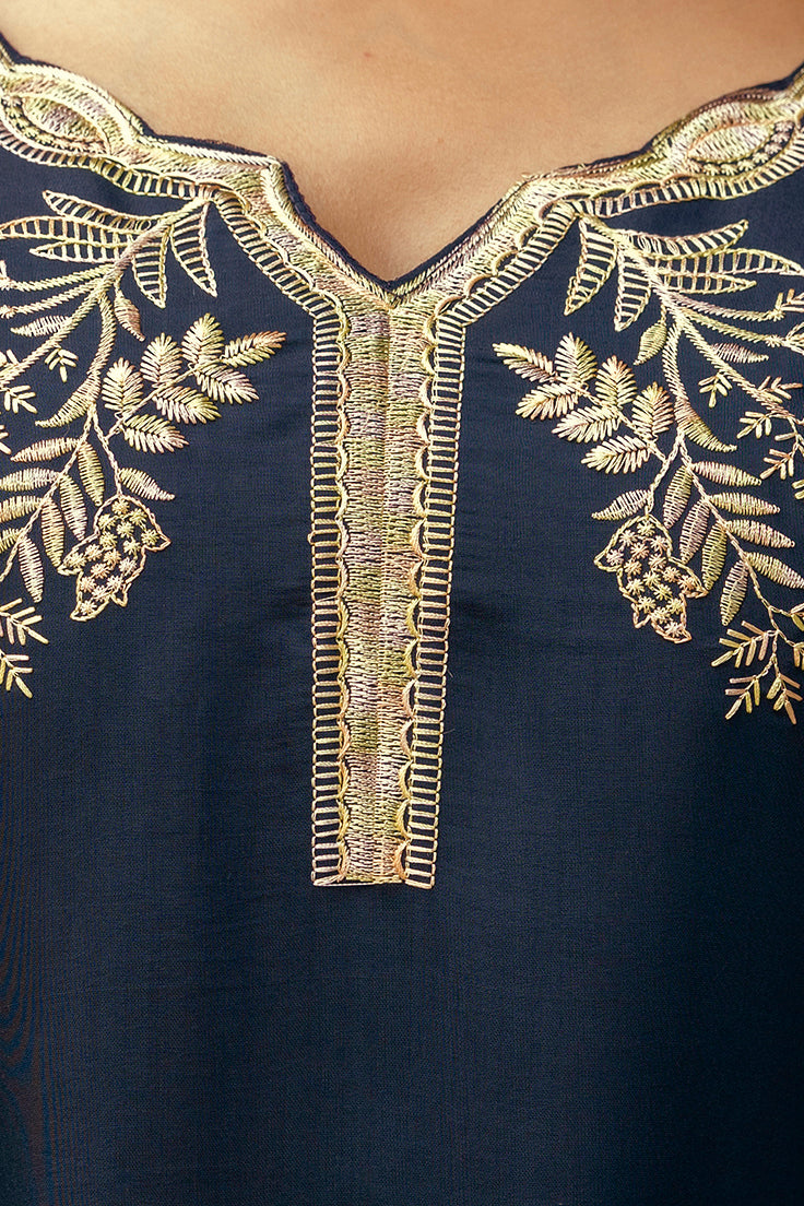 Navy Blue Viscose Chanderi Embroidered Kurta Set