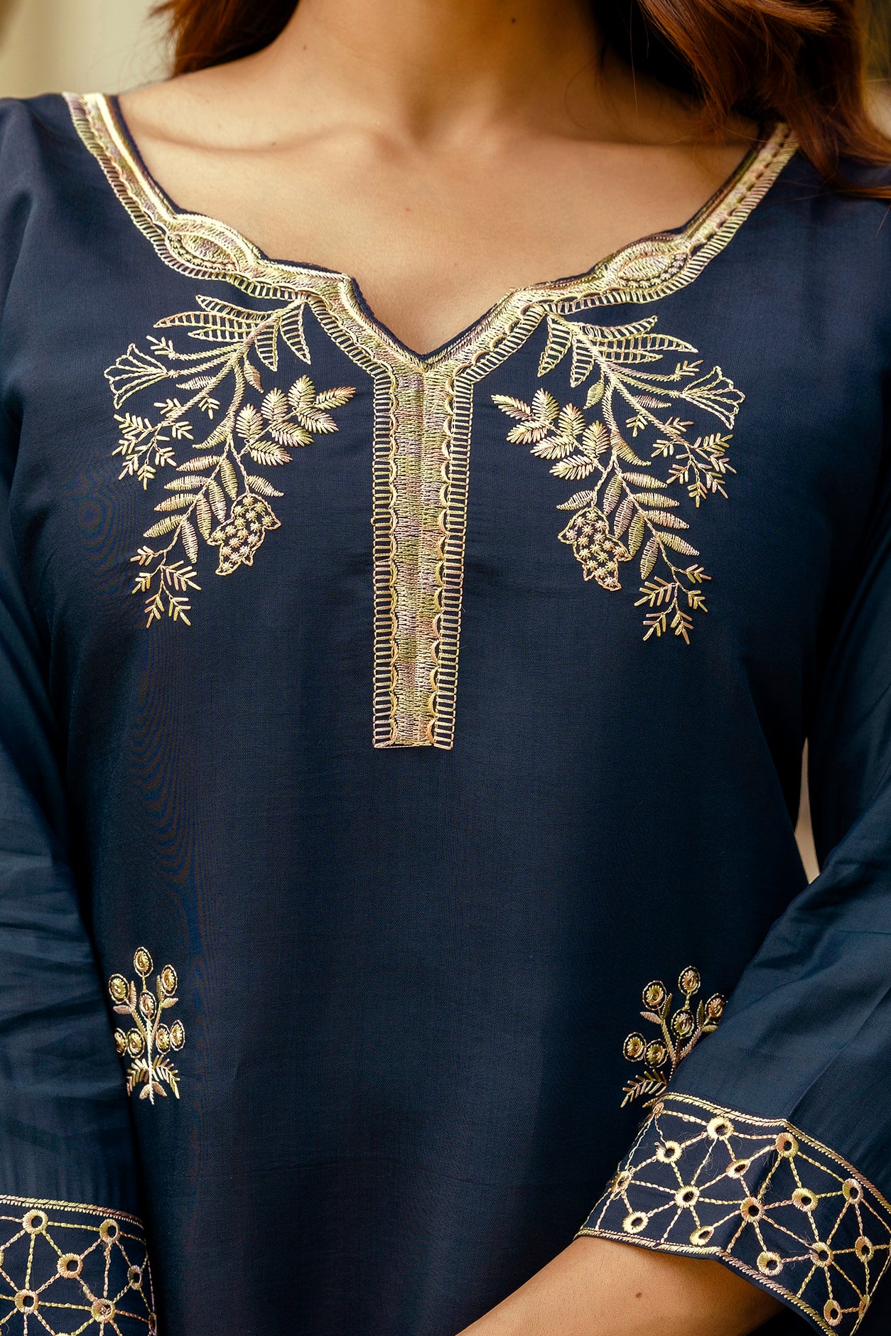 Navy Blue Viscose Chanderi Embroidered Kurta Set