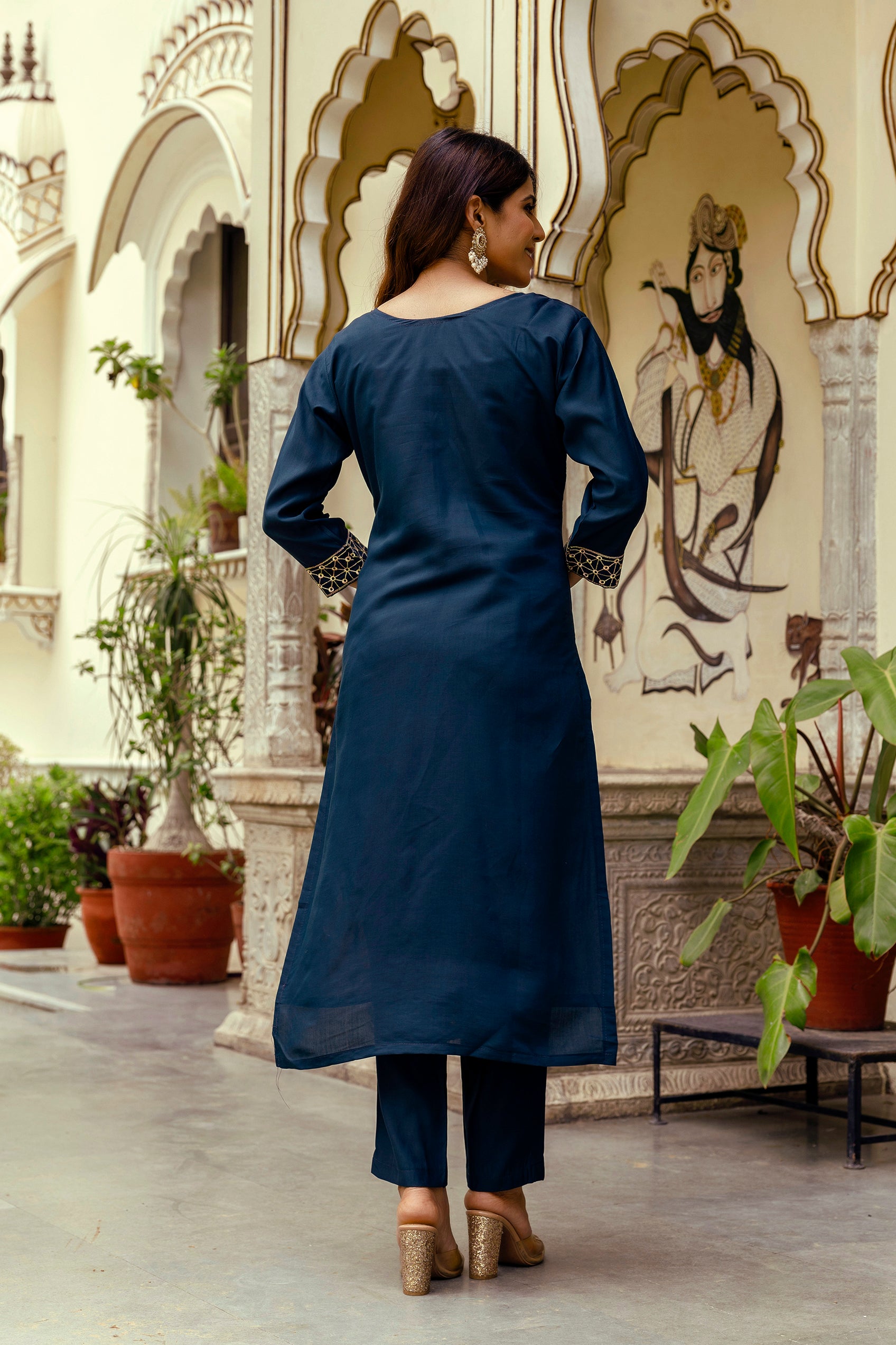Navy Blue Viscose Chanderi Embroidered Kurta Set