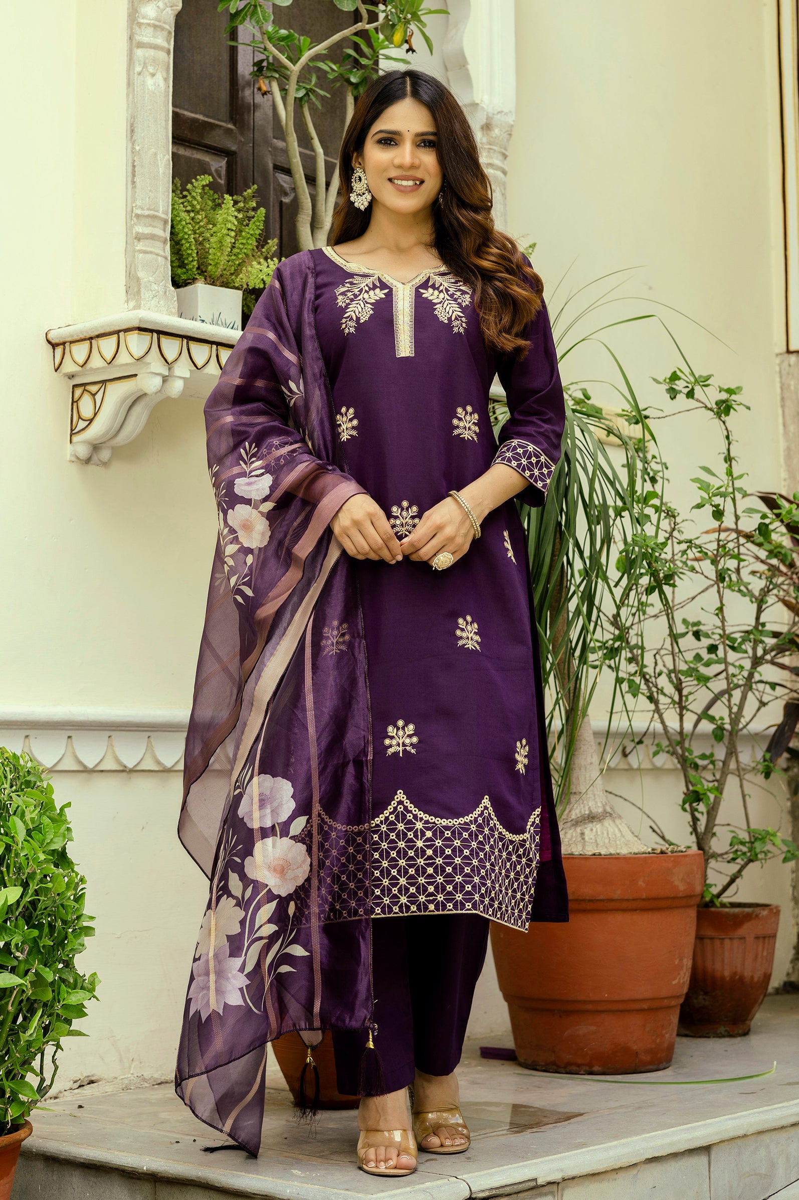 Wine Purple Viscose Chanderi Embroidered Kurta Set