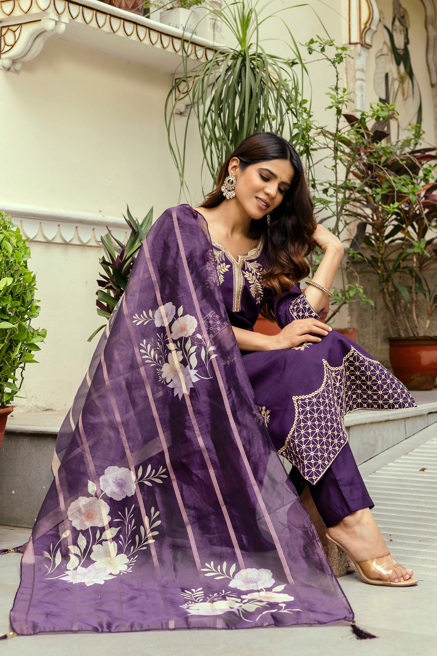 Wine Purple Viscose Chanderi Embroidered Kurta Set