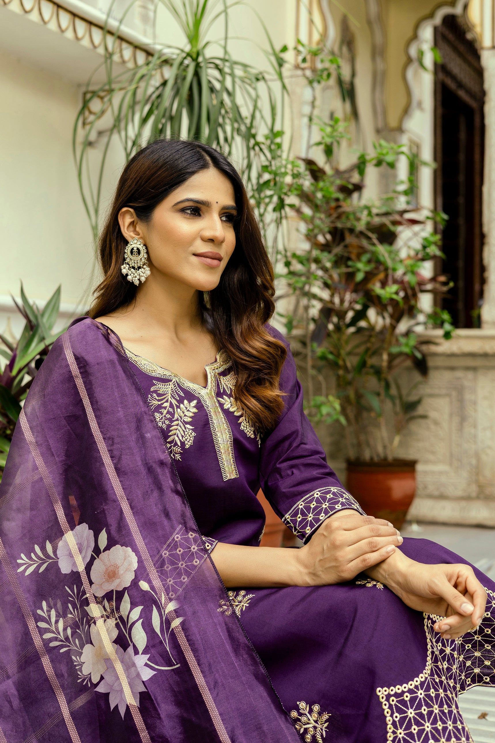 Wine Purple Viscose Chanderi Embroidered Kurta Set
