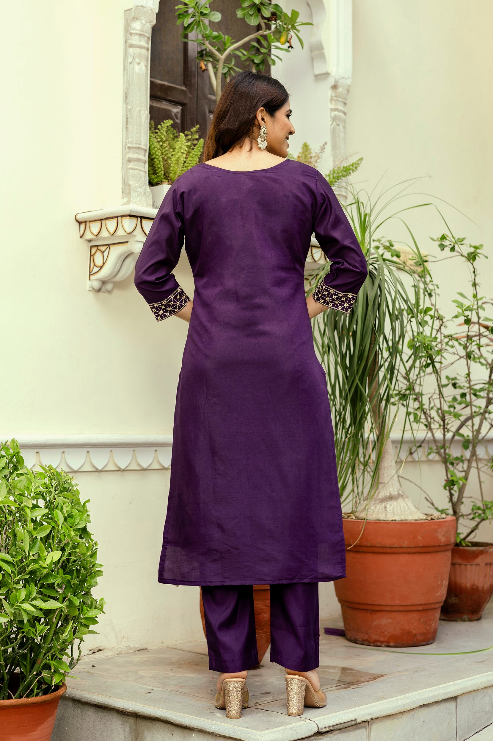 Wine Purple Viscose Chanderi Embroidered Kurta Set